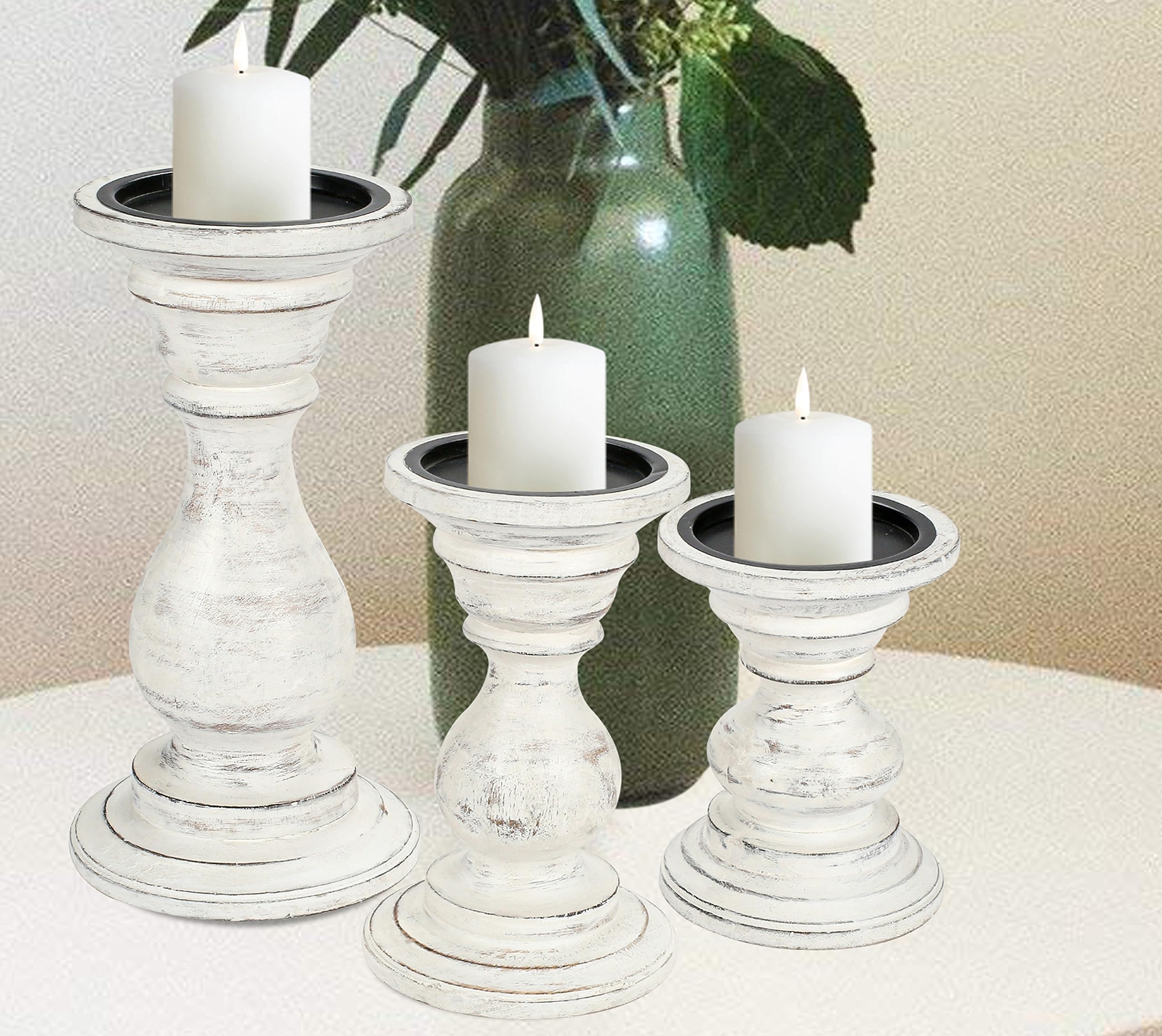 Wooden Candle Holder Stand Set of 3 - 10, 8, 6 Inch Pillar Candle Holders with Rounded Turned Columns - Antique White Country Style for Weddings, Christmas, Parties & Home Decor | Perfect as Unity Candle Holders & Gift Ideas