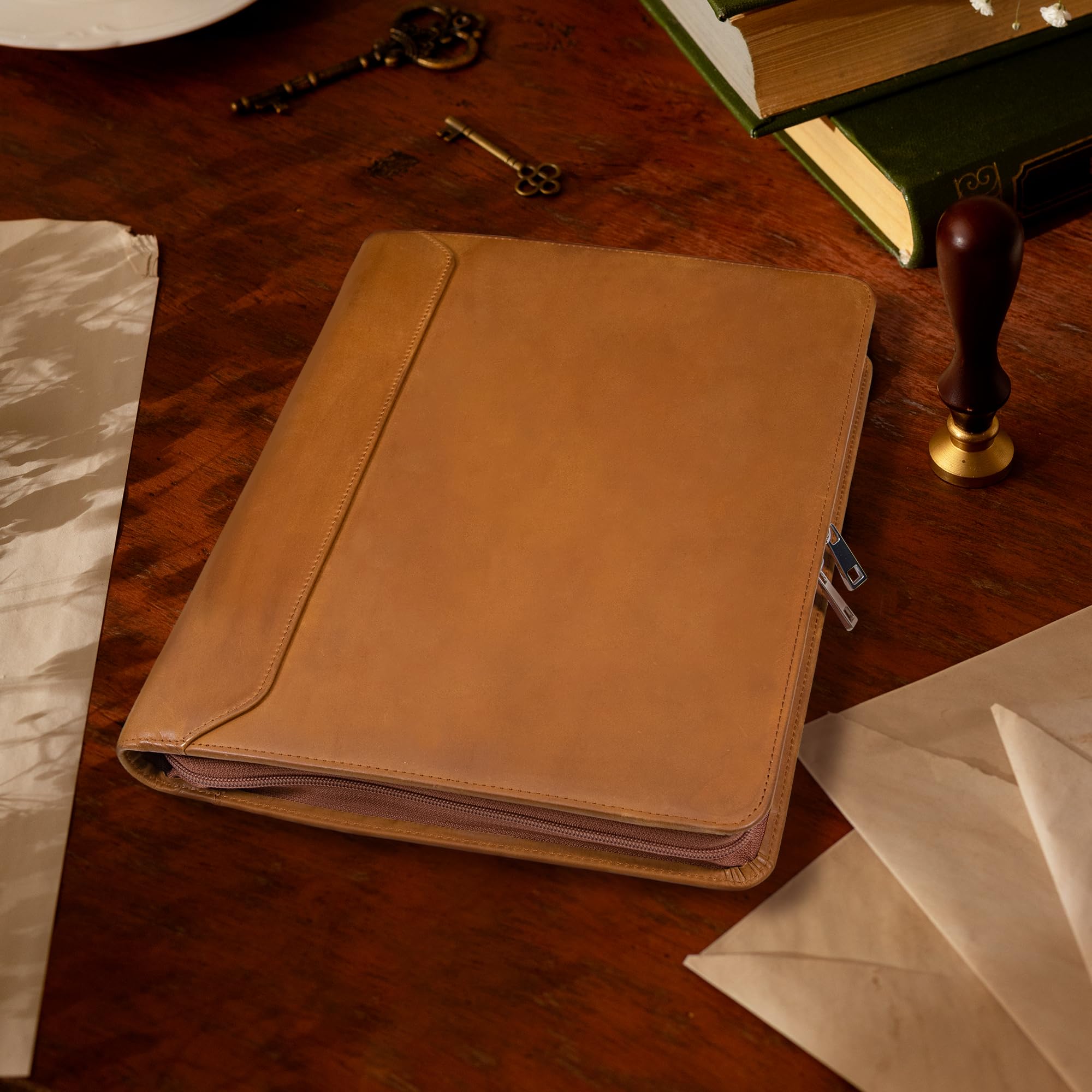 Premium Genuine Leather Business Portfolio for Men - Professional Zippered Padfolio Organizer with 3-Ring Binder, Pen Holder & Card Slots | Perfect for iPad & Kindle Fire | Ideal for Office Meetings, Business Travel & Presentations