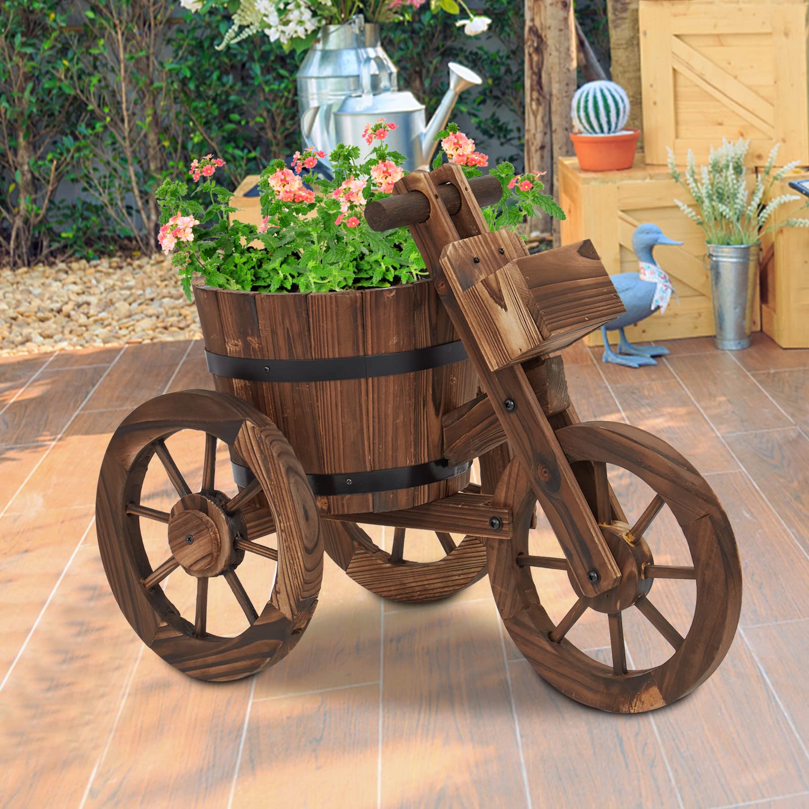 KINTNESS Decorative Wooden Garden Planter Wagon Cart with Wheels - Raised Flower Bed Planter Stand for Backyard, Patio, Lawn | Perfect for Outdoor Decor, Herb Gardening & Small Space Landscaping
