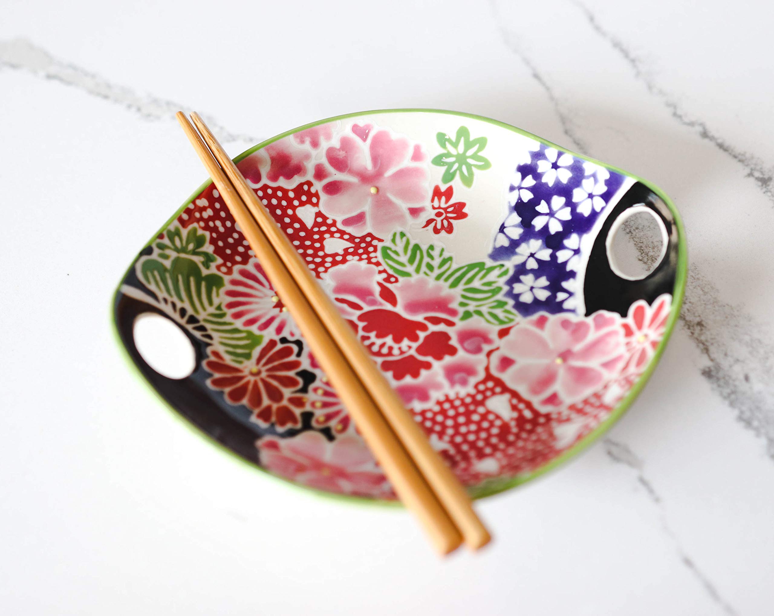 Ebros Pink Sakura Cherry Blossom Appetizer Plate Set with Chopsticks & Built-in Rest - 7