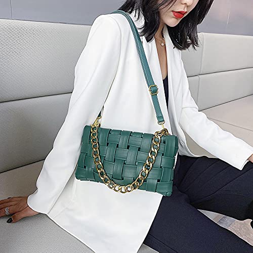 Women's Braided Shoulder Bag - Woven Crossbody Purse with Chain & 2 Removable Straps | Stylish Satchel Clutch for Casual Outings, Travel & Everyday Use