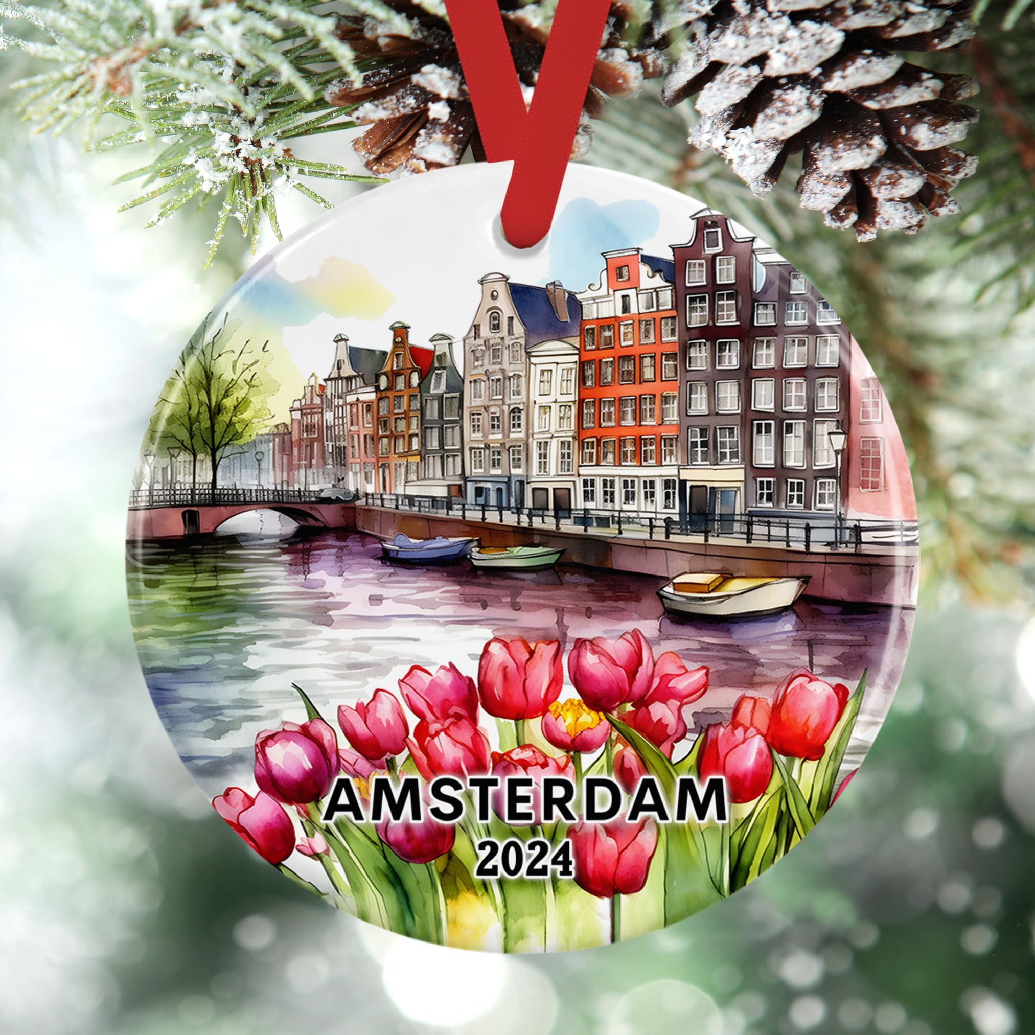 2024 Handmade Amsterdam Canal Houses & Dutch Tulips Ceramic Christmas Ornament - European Travel Vacation Holiday Keepsake Gift for Christmas Tree Decor, Home Decor, Travel Lover Souvenir