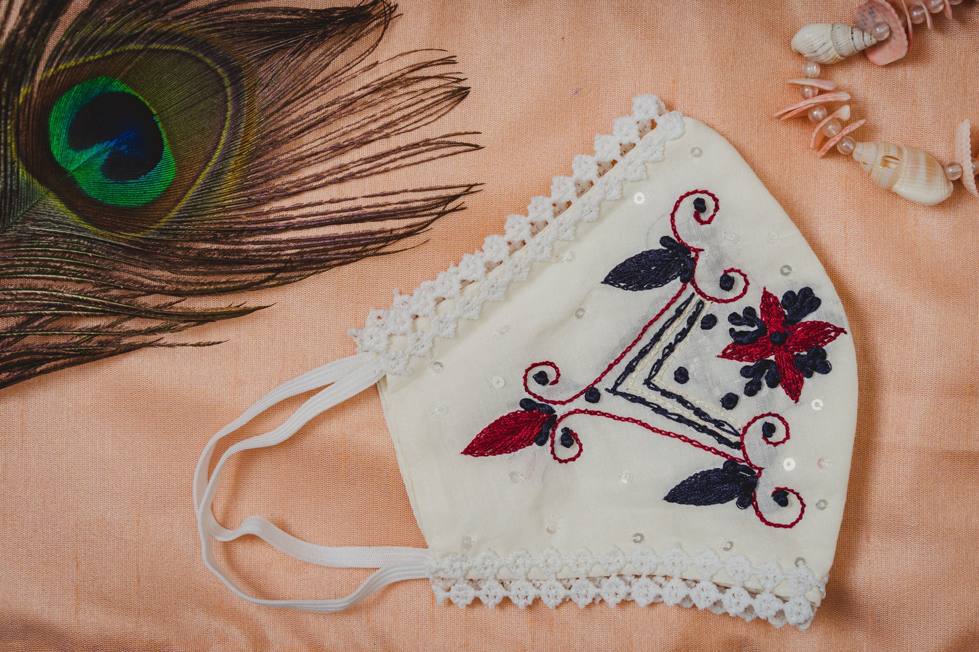 Floral Embroidered Cream Cotton Face Mask - Soft, Breathable & Reusable for Women & Men - Perfect for Daily Use, Travel & Outdoor Activities
