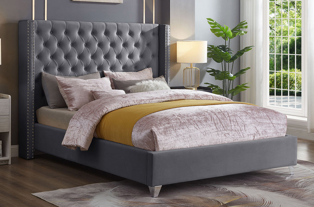 Grey Velvet Tufted Wingback Bed with Nailhead Trim - Double, Queen & King Size Options (Model #2380) | Luxurious Bedroom Furniture for Master Suite or Guest Room