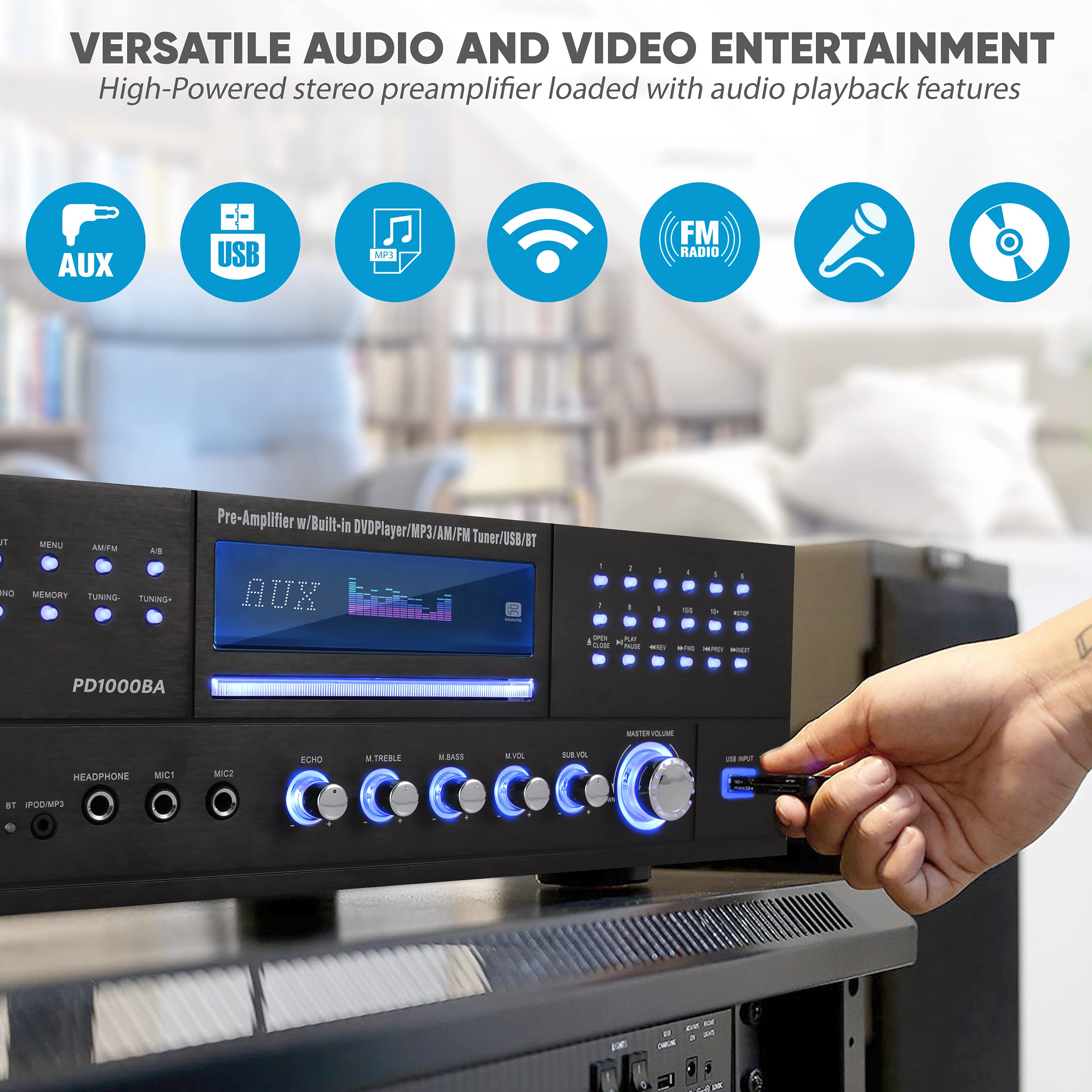 Pyle 4-Channel 1000W Bluetooth Power Amplifier - Wireless Home Audio Receiver with FM Radio, USB, CD/DVD Player, 2 Mic Inputs with Echo, Headphone Jack & LED Display - Perfect for Home Theater, Karaoke, DJ Setup & Live Performances