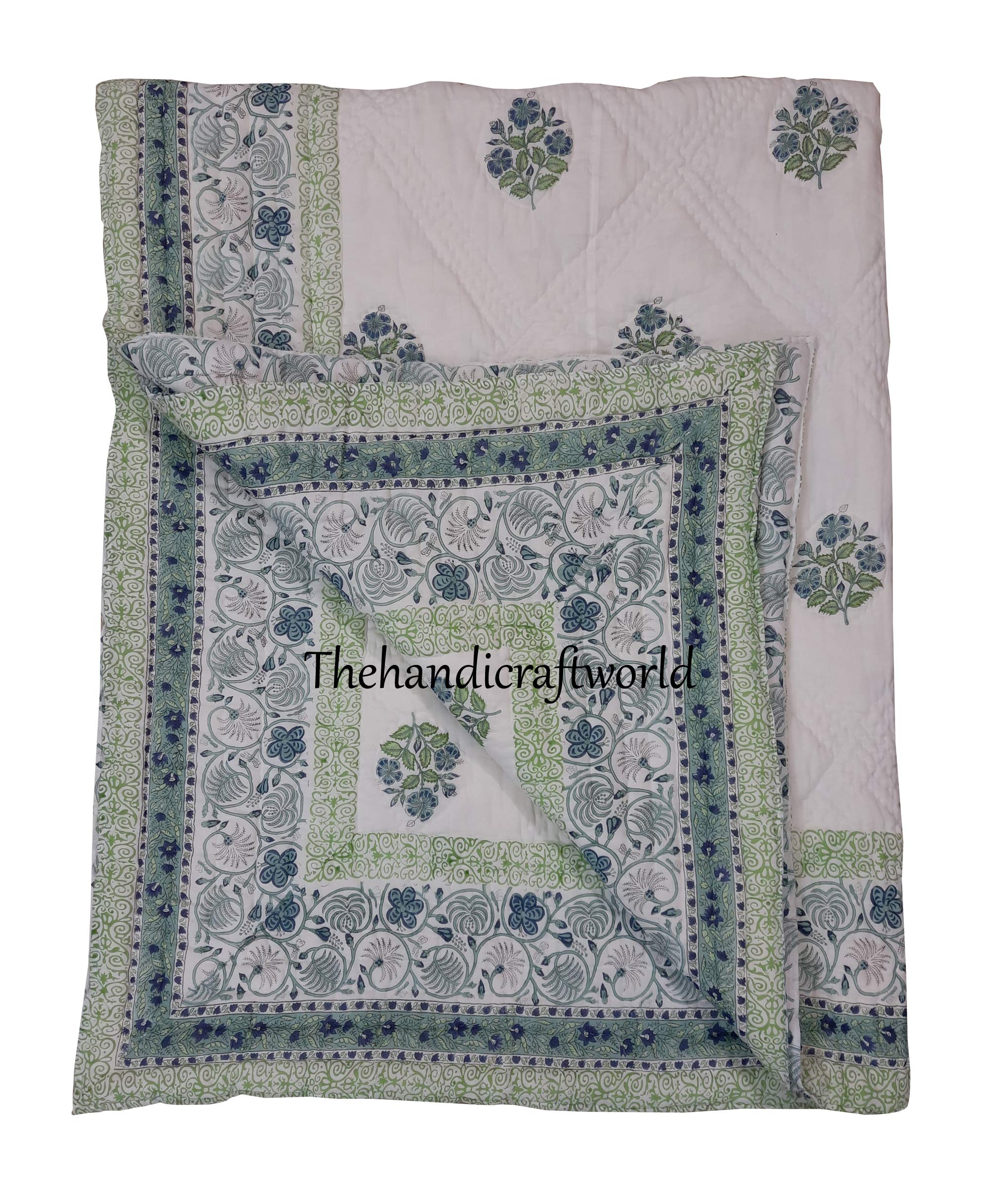Handmade Indian White Floral Print Kantha Quilt - Twin, King & California King Sizes | 100% Cotton Kantha Throw Blanket & Bedspread | Perfect for Home Decor, Guest Rooms & Cozy Nights (60x90 Inches Twin Size)