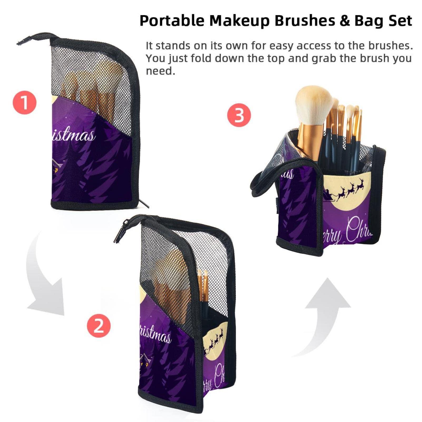 12-Piece Makeup Brush Organizer Bag with Santa Claus Moon Sky Design - Portable Cosmetic Brush Holder Case for Travel & Home Storage