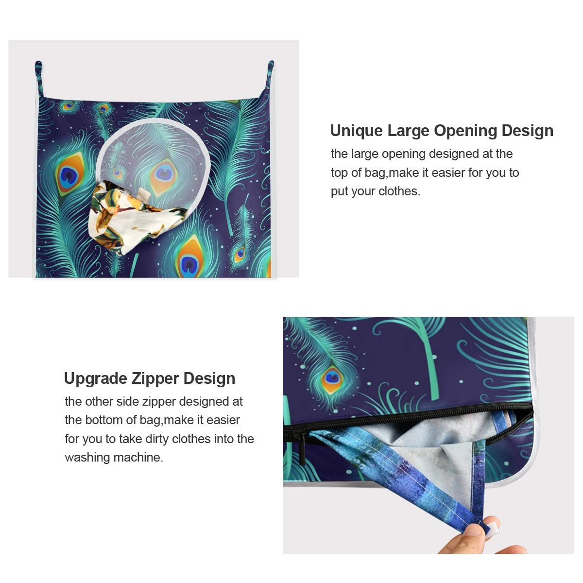 Peacock Feather Hanging Laundry Bag with Stainless Steel Hooks - Wall Mounted Clothes Hamper for Bedroom, Bathroom & Dorm Organization (1 Pack) - Perfect for Small Spaces & Closet Storage