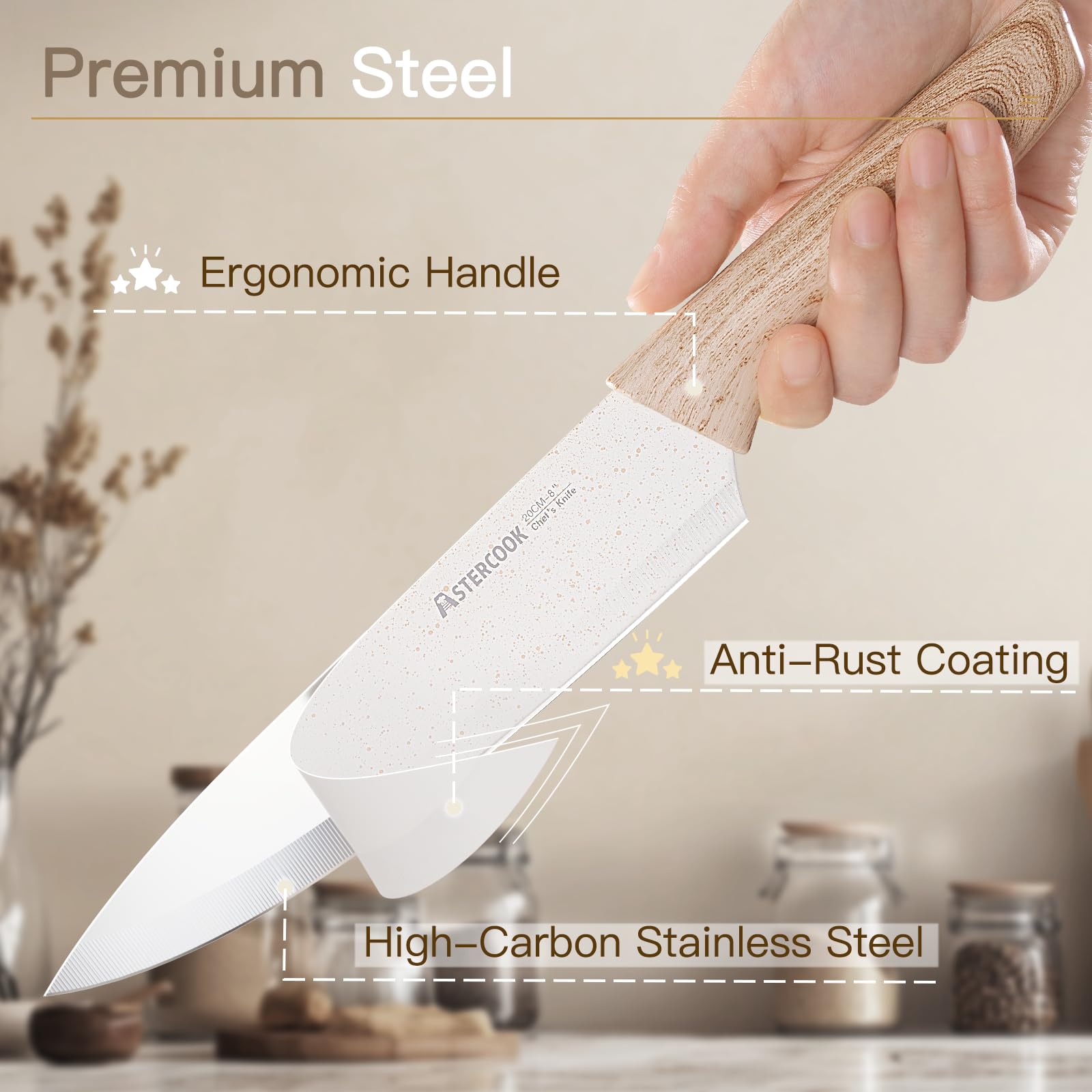 Astercook 13-Piece Ceramic Coated Stainless Steel Kitchen Knife Set with 6 Blade Guards - Wooden Handle, Dishwasher Safe - Perfect for Home Chefs, Cooking Enthusiasts & Professional Kitchens