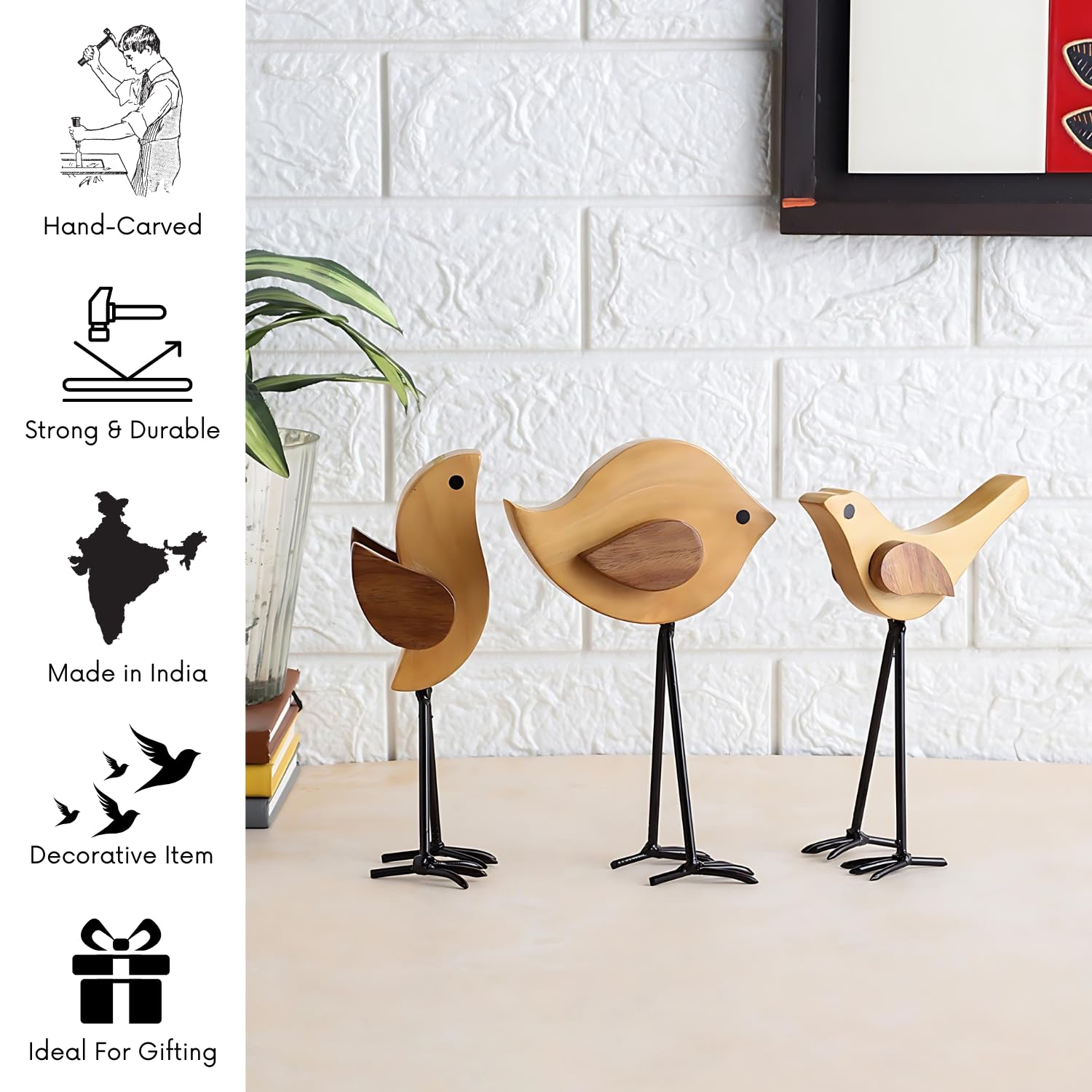 VarEesha Handcrafted Beech & Sheesham Wood Bird Family Set of 3 - Wooden Table Decor Figurines for Home & Living Room - Unique Handmade Wooden Showpieces - Perfect for Bookshelf, Coffee Table, or Mantel Decor