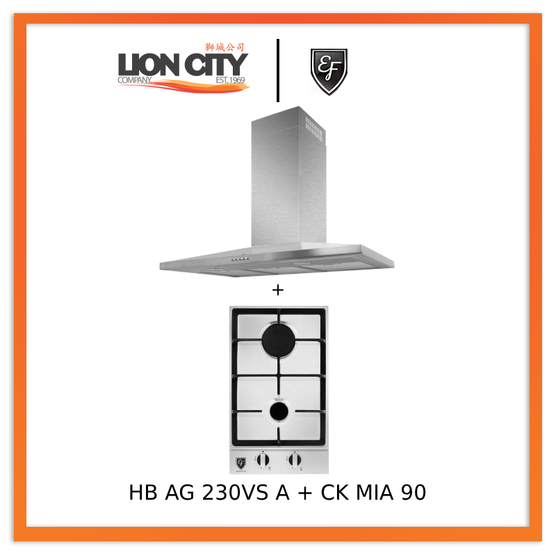EF CK Mia 90 90cm Stainless Steel Chimney Hood & EF HB AG 230VS A 30cm Built-In Stainless Steel Gas Hob - Premium Kitchen Ventilation & Cooking Combo for Modern Homes