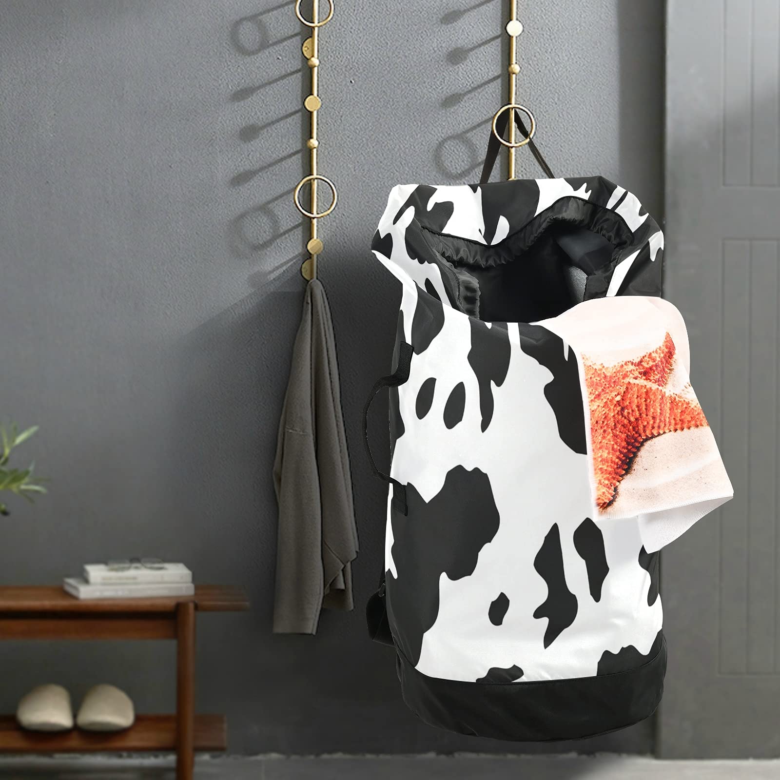 Waterproof Cow Print Laundry Bag with Drawstring Closure & Shoulder Straps - Durable Dirty Clothes Hamper, Storage Basket for Travel, Dorm, Camping & Home Organization