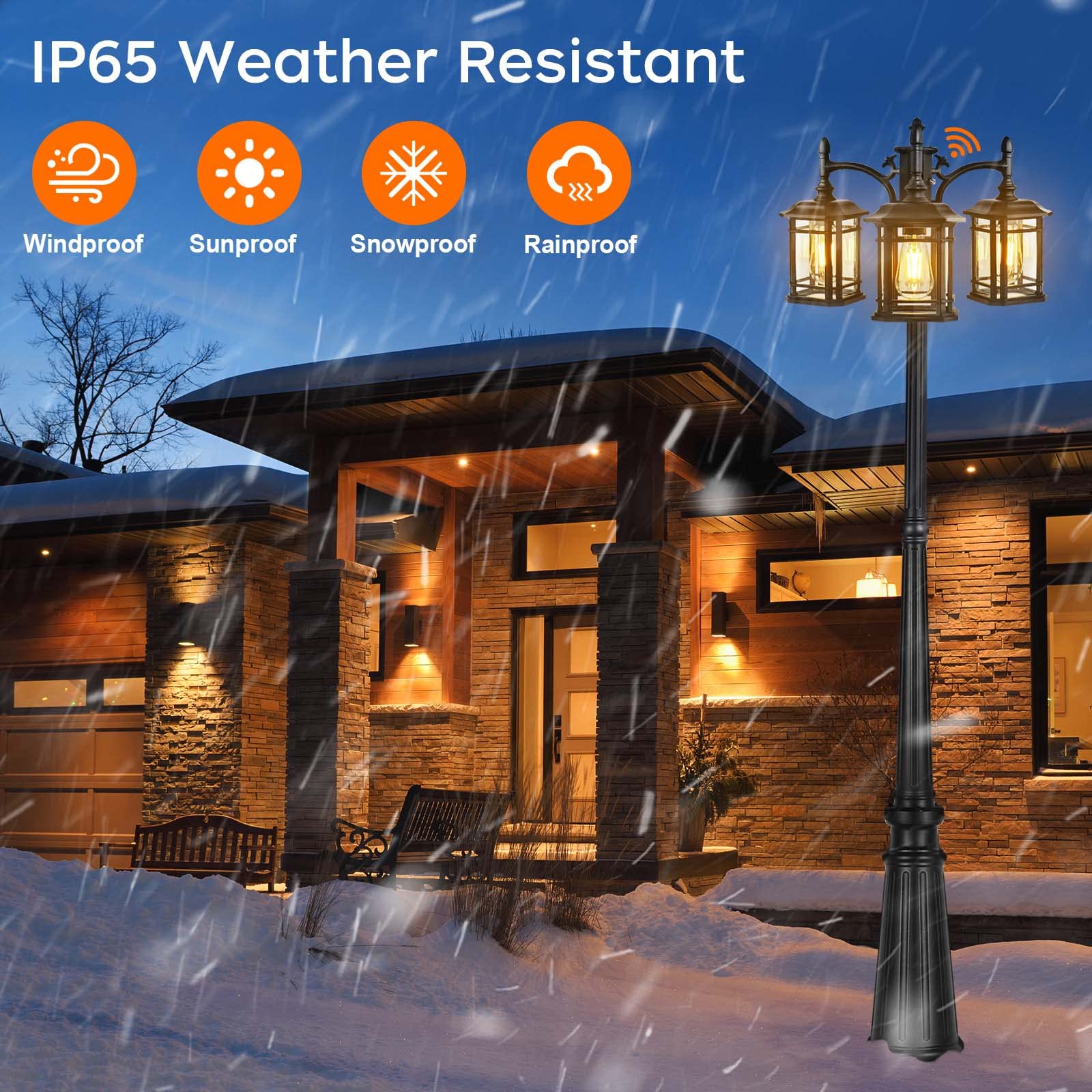 Dusk to Dawn Outdoor Lamp Post Lights - Black Light Pole with Clear Glass Panels (3 LED Bulbs Included) | 3-Head Hardwired Waterproof Street Lights for Backyard, Garden, Driveway & Pathway Lighting