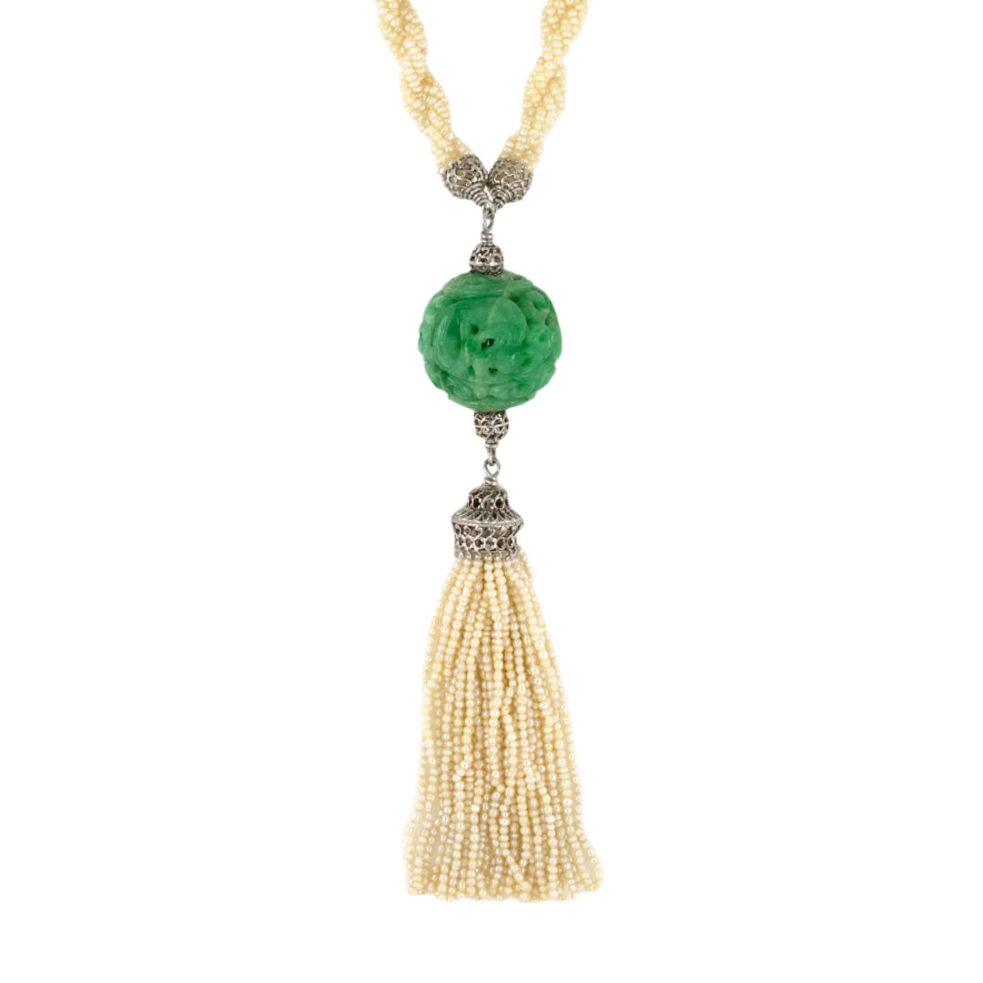 Jadeite Dragon Ball & Pearl Tassel Pendant Necklace - Elegant Handmade Jewelry for Women | Perfect Gift for Birthday, Anniversary & Special Occasions