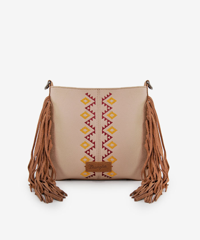 Wrangler Aztec Embroidered Fringe Crossbody Bag for Women - Boho Chic Handbag Perfect for Music Festivals & Everyday Use