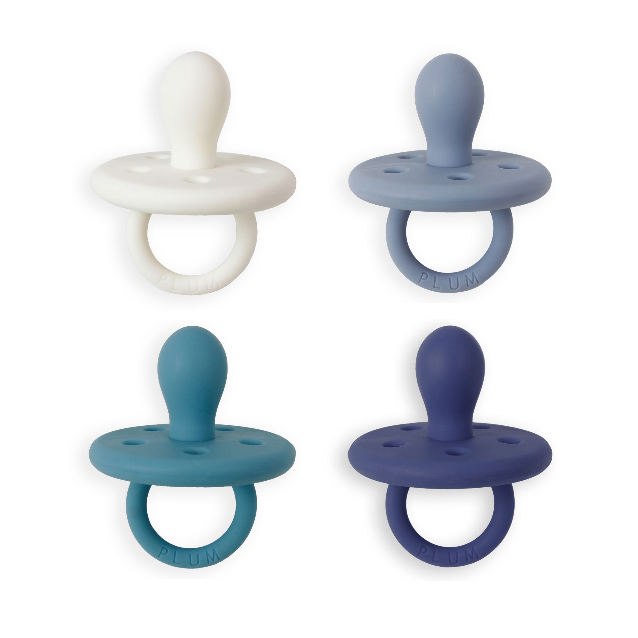 4-Pack Silicone Baby Soothers Pacifiers - Blue Shades (Snow, Steel Blue, Teal, French Navy) for Newborns & Infants - Perfect for Daycare, Travel & Soothing Fussy Babies