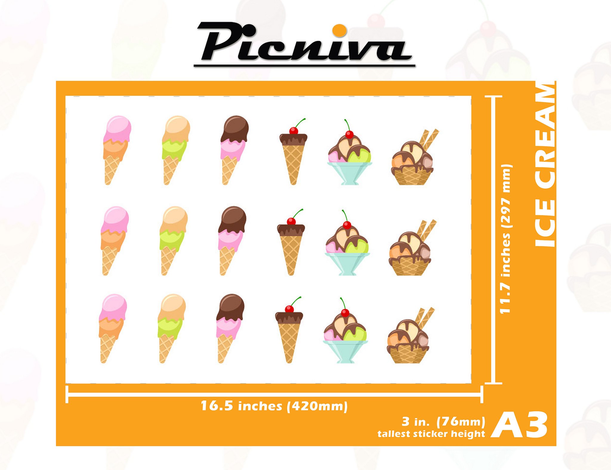 Picniva A3 (3 Inch) Ice Cream Themed Clear Vinyl Wall Decals - Fun Nursery Room Stickers for Baby & Kids Bedroom Decor - Perfect for Playrooms, Daycares and Children's Birthday Party Decorations