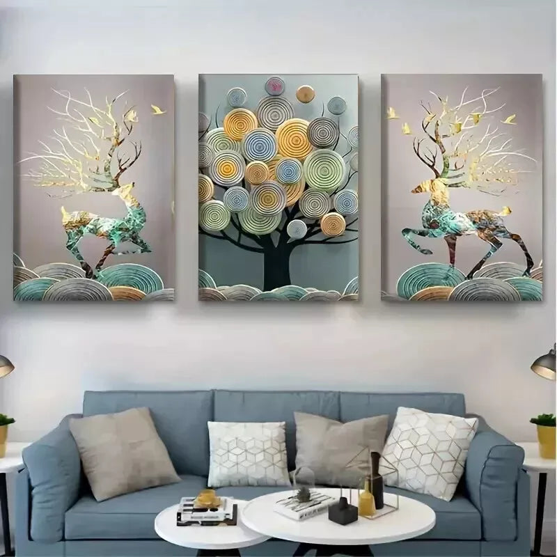 3-Piece Abstract Chinese Feng Shui Golden Money Tree Wall Art Set - Framed Canvas 50x70cm - High Quality Print - 100% Australian Made - Ready to Hang - Perfect for Home Decor, Office Feng Shui & Wealth Attraction