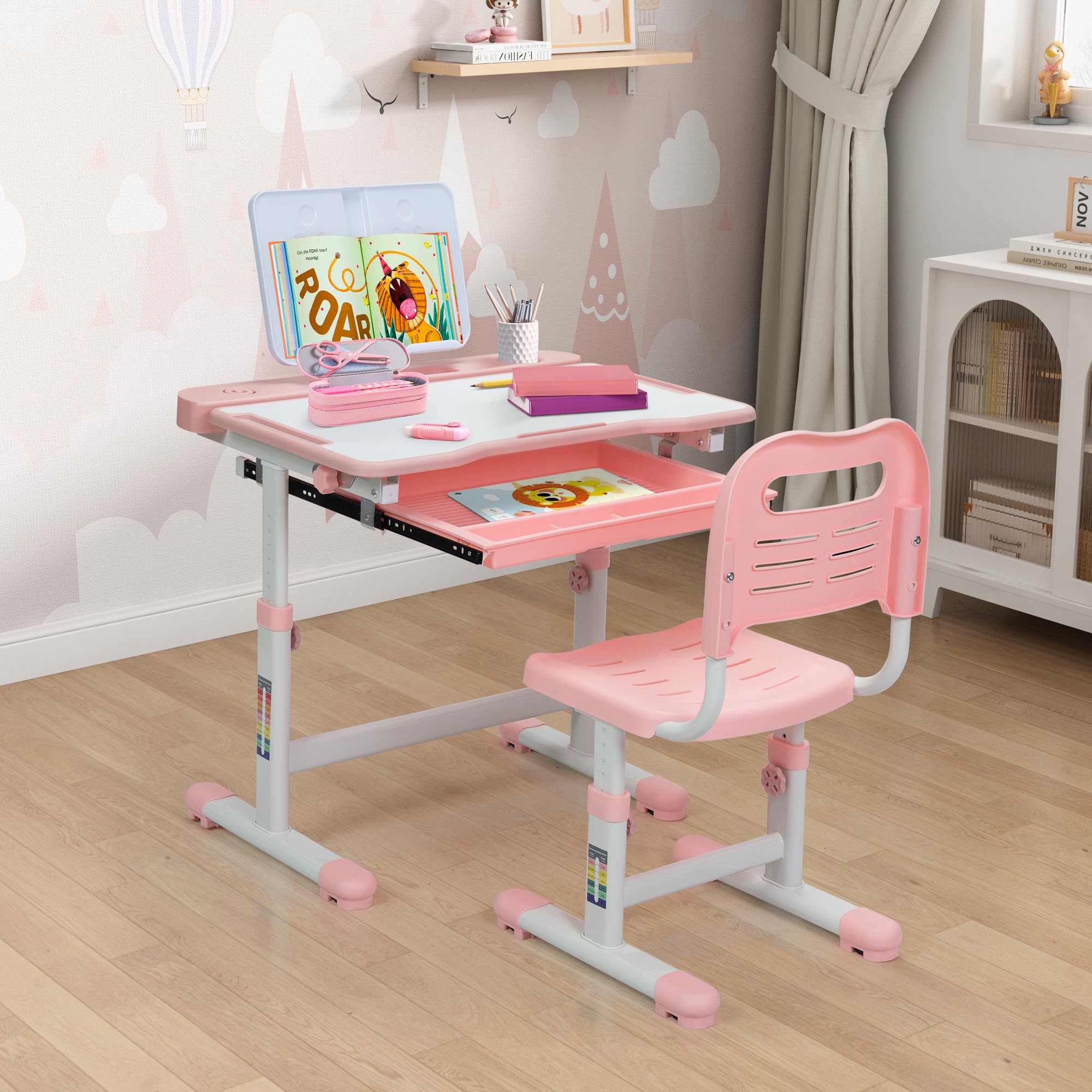 Adjustable Height Kids Desk and Chair Set with Storage - Multifunctional Study Desk for Boys & Girls, Tilt Desktop for Reading, Writing & Drawing - Perfect for Homeschooling & Online Learning (Pink)