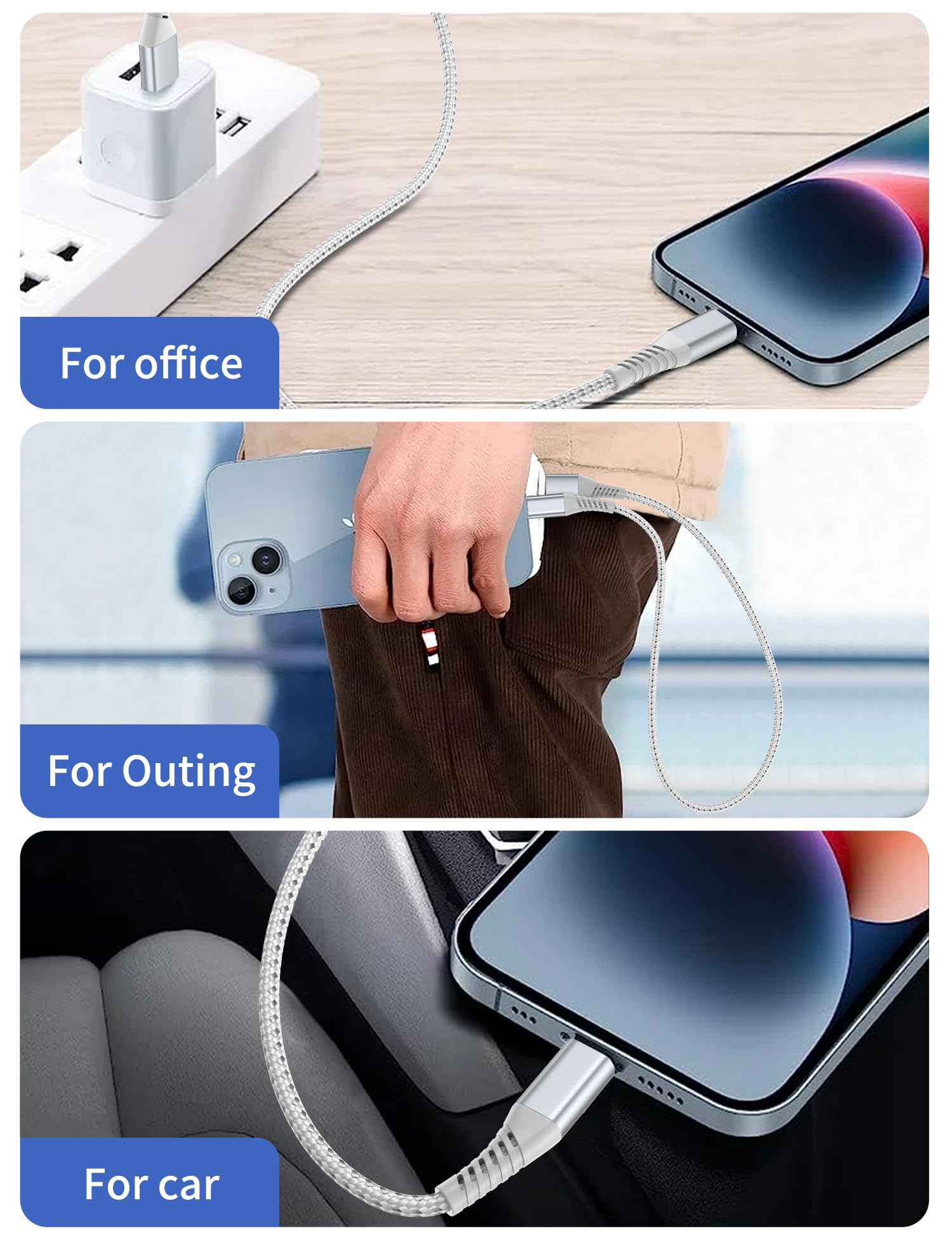 Premium 2FT Braided iPhone Charger Cable 3-Pack - USB A to Lightning Fast Charging Cord for iPhone 14/13/12/11 Pro Max, iPad & AirPods - Durable Silver Cables for Car, Home & Office Use