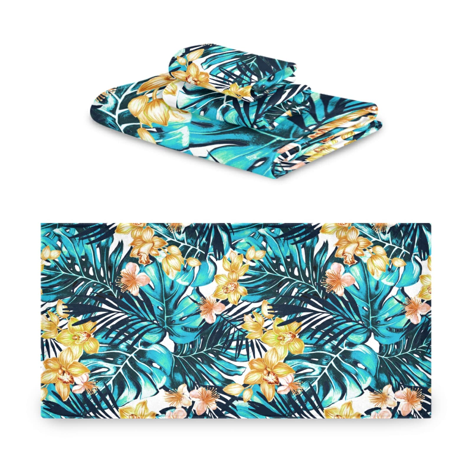 Turquoise Blue Tropical Palm Leaves with Yellow Orchid Flowers - Set of 3 Ultra Soft 100% Cotton Bath Towels (Bath Towel, Hand Towel, Washcloth) for Spa, Bathroom, Hotel, Kitchen & Gym - Quick Absorbent & Luxurious Feel