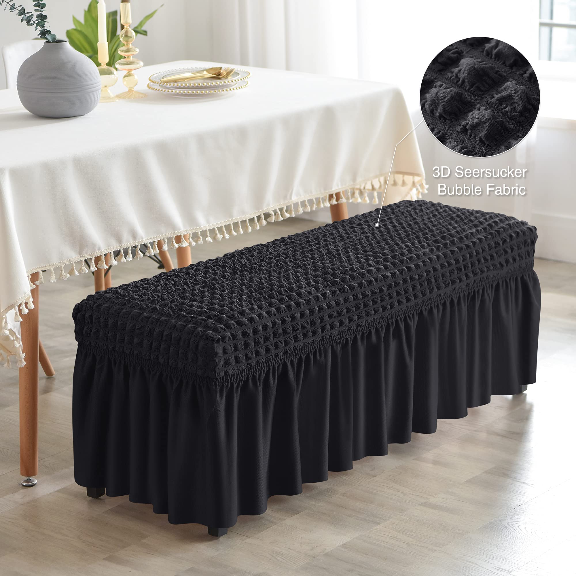3D Spandex Seersucker Bench Covers - Soft Stretch Upholstered Slipcover for Dining Room, Living Room, Kitchen & Bedroom - Washable & Removable Dining Bench Protector (Black) - Perfect for Home Decor & Furniture Protection