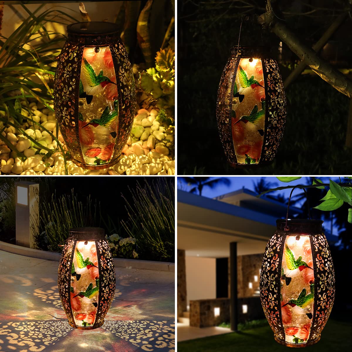 Solar Powered LED Hummingbird Glass Lantern - Waterproof Outdoor Decorative Lighting with Hollowed-Out Design for Garden, Patio, Pathway, Yard, Tabletop & Indoor Use | Perfect for Holiday Decor, Wedding Centerpieces & Romantic Ambiance