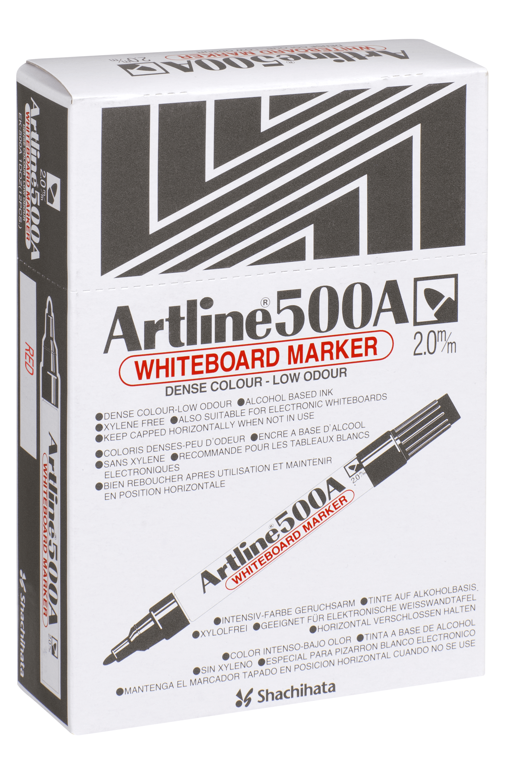 Artline 500A Whiteboard Marker - 2mm Bullet Tip, Red Ink, Pack of 12 - Perfect for Office, Classroom & Home Use