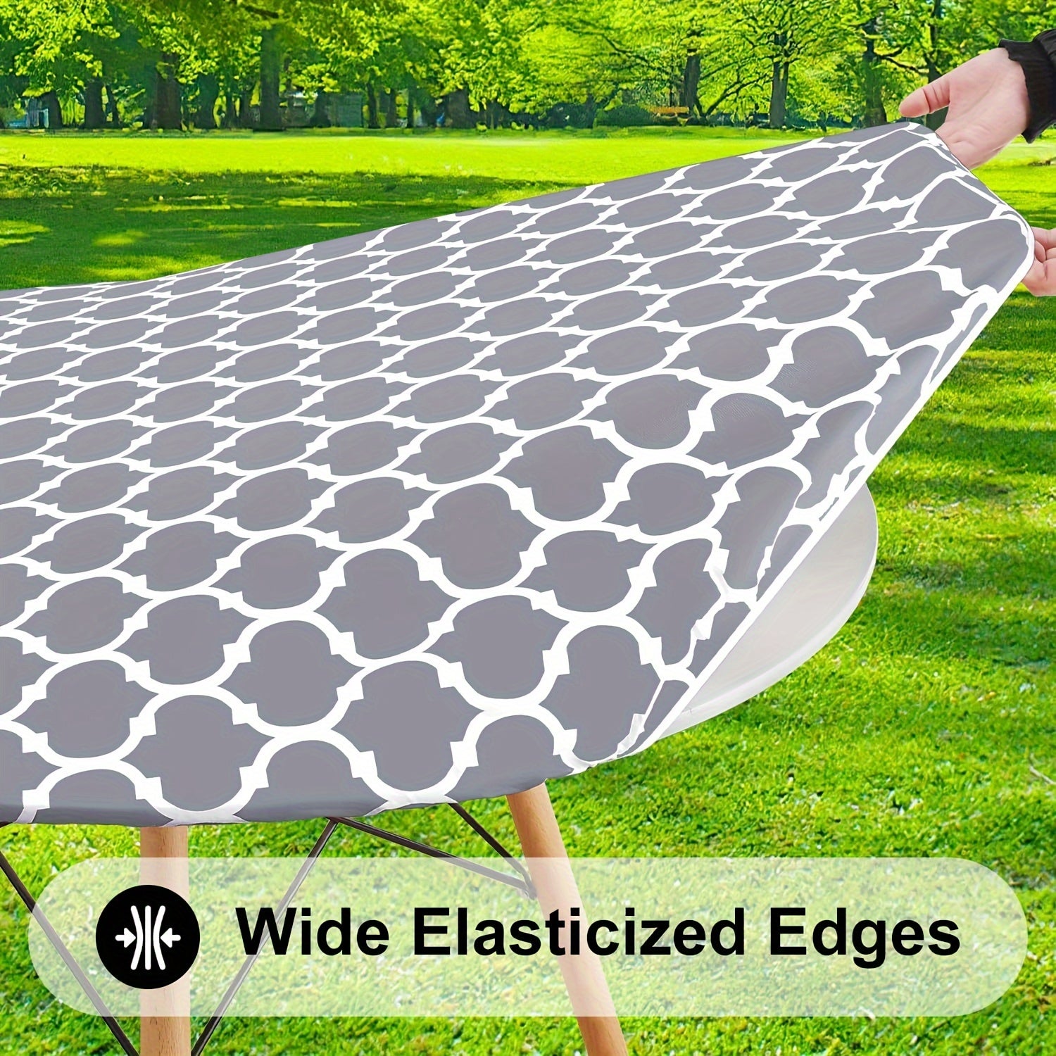 100% Vinyl Round Moroccan Tablecloth - Waterproof & Oil Proof with Flannel Backing, Elastic Edges for Indoor, Outdoor, Patio, Picnic, Camping - Perfect for Dining, BBQs, and Outdoor Gatherings