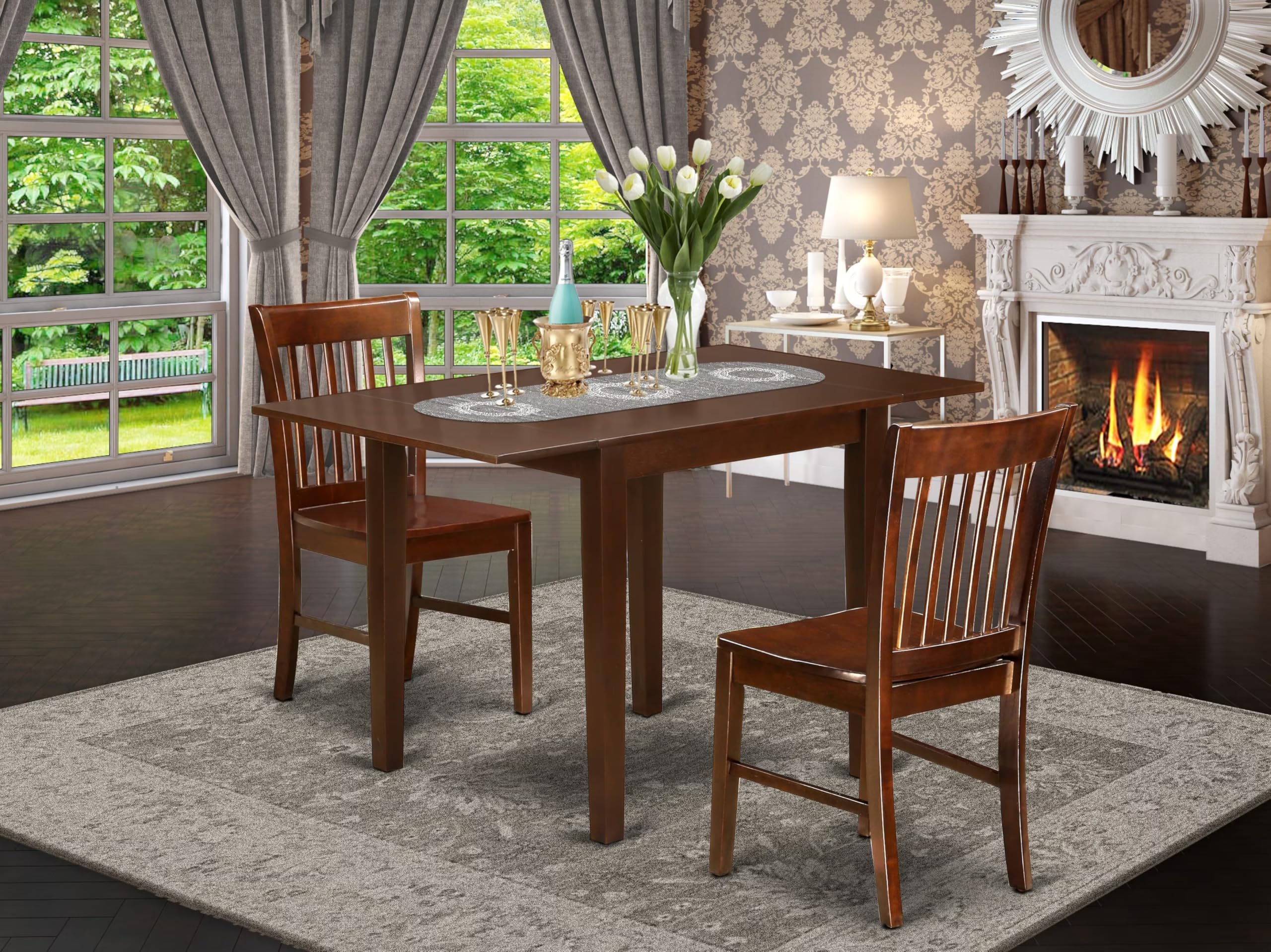 East West Furniture NDNO3-MAH-W 3-Piece Expandable Kitchen Table Set with 2 Chairs - 30x48 Inch Rectangle Drop Leaf Dining Table for Small Spaces, Mahogany Finish - Perfect for Apartments, Breakfast Nooks & Cozy Dining Areas