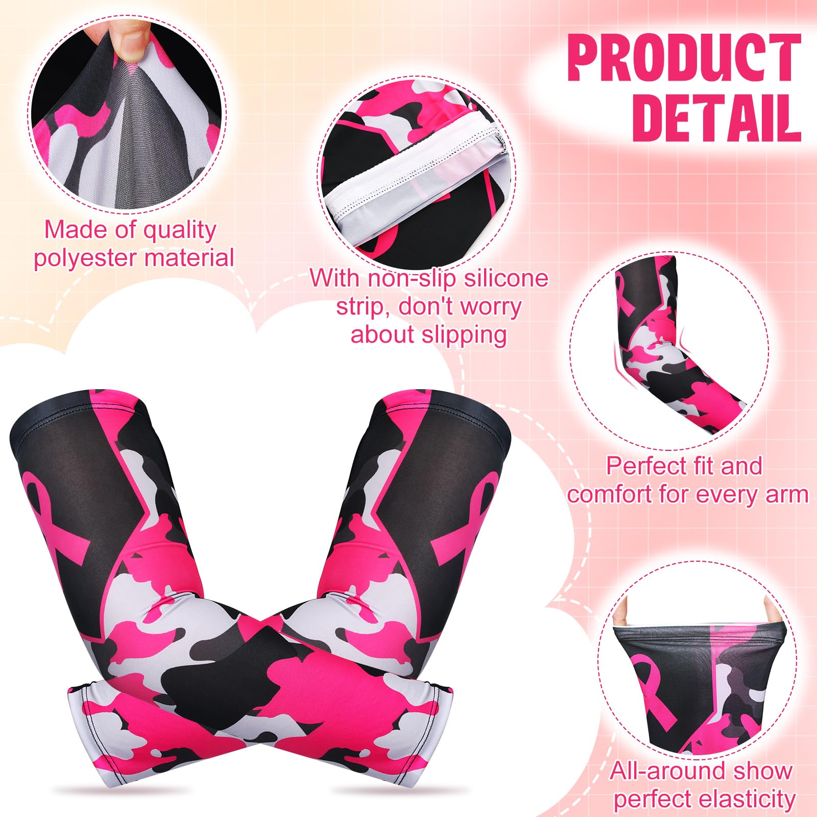 2 Pairs Breast Cancer Awareness Arm Sleeves - Pink Ribbon UV Protection Compression Arm Covers for Women & Men - Perfect for Running, Cycling, and Outdoor Activities