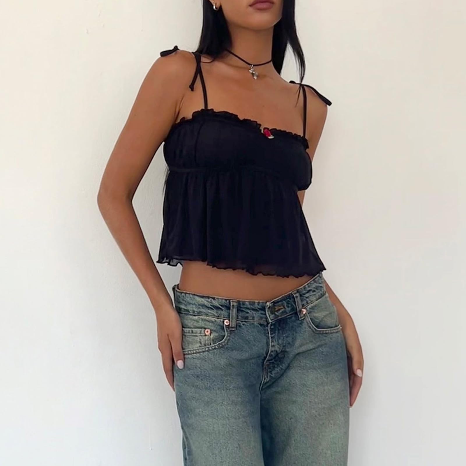 Y2K Women's Spaghetti Strap Sleeveless Crop Top - Cute Slim Fit Camisole & Strappy Summer Tank Top for Going Out, Beach, Music Festivals & Casual Wear