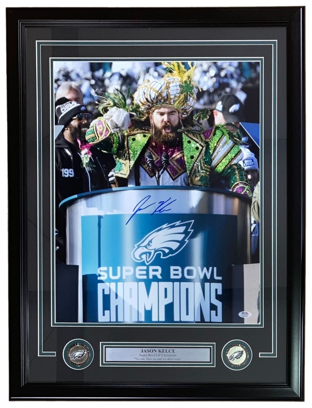 Jason Kelce Autographed Framed 16x20 Philadelphia Eagles Super Bowl 52 Championship Parade Photo with PSA HOLO Certification - Perfect for Eagles Fans, Sports Memorabilia Collectors, and Man Cave Decor