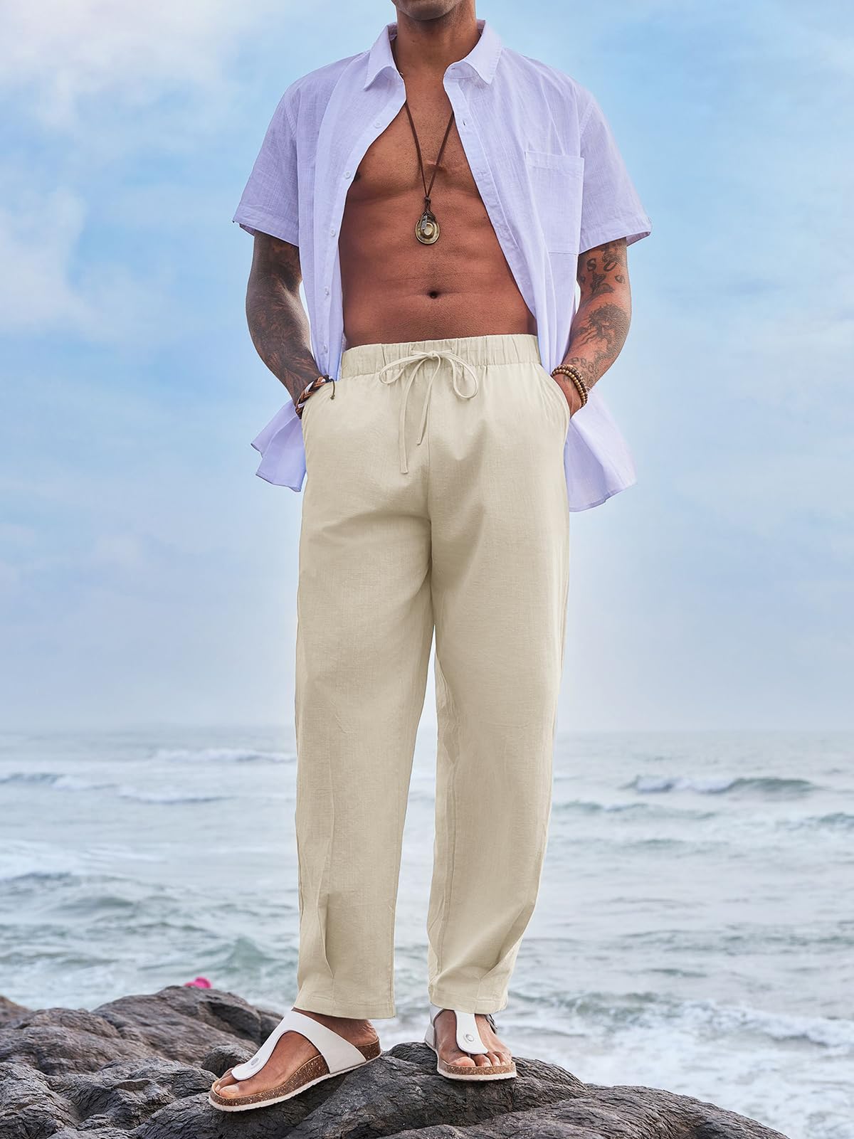 Runcati Men's Cotton Linen Harem Pants - Elastic Waist Lightweight Lounge Pants for Yoga, Beach, and Casual Wear | Breathable Summer Pants for Travel, Meditation & Home Relaxation