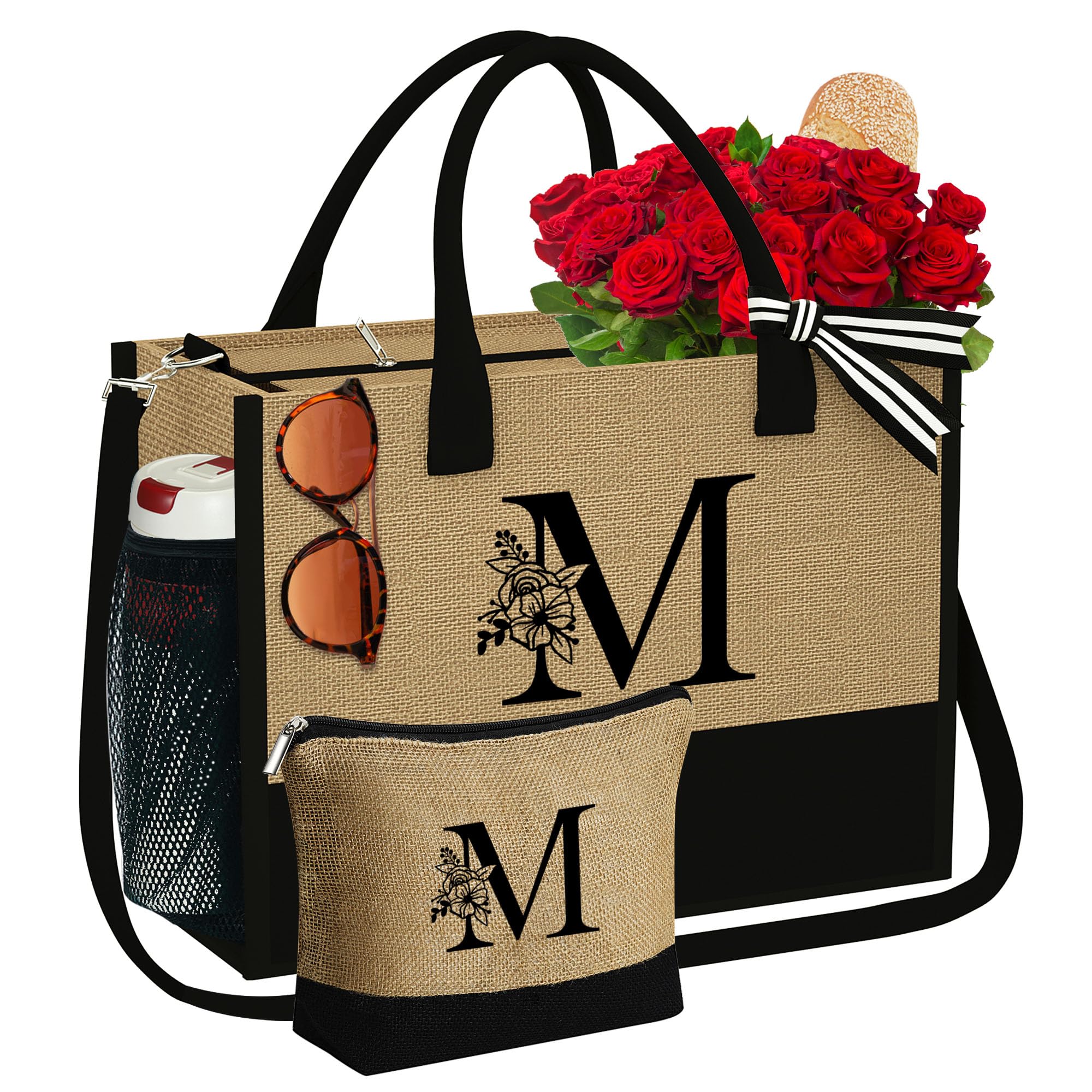 Personalized Jute Tote Bag with Zipper - Monogram Makeup Bag for Women, Perfect Birthday Gift & Friend Present for Daily Use