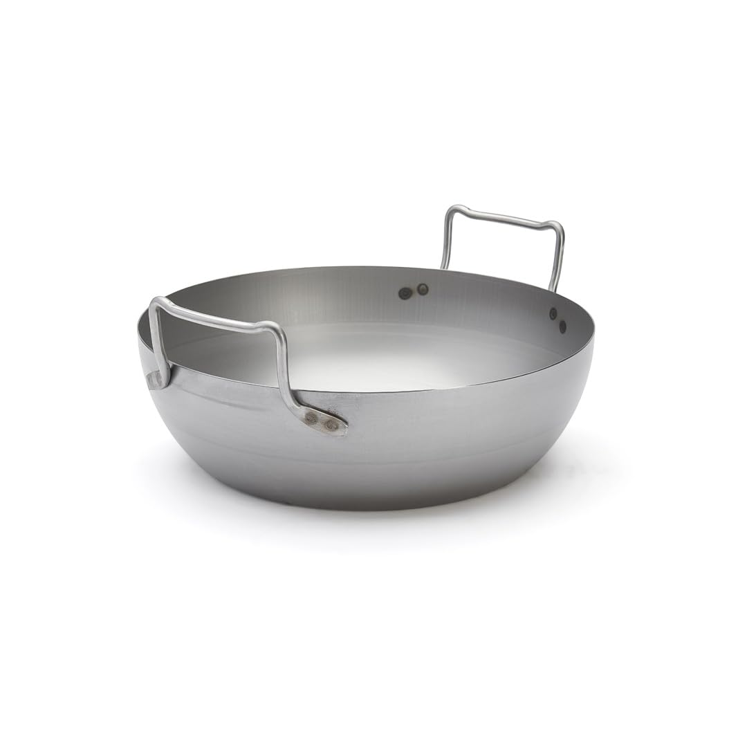 De Buyer 5050.36 Professional 36cm Carbon Steel Deep Fryer Pan - Lyonnaise Style Round White Iron Skillet for Perfect French Fries, Fried Chicken & Donuts | Restaurant Quality Home Cooking & Professional Kitchen Use