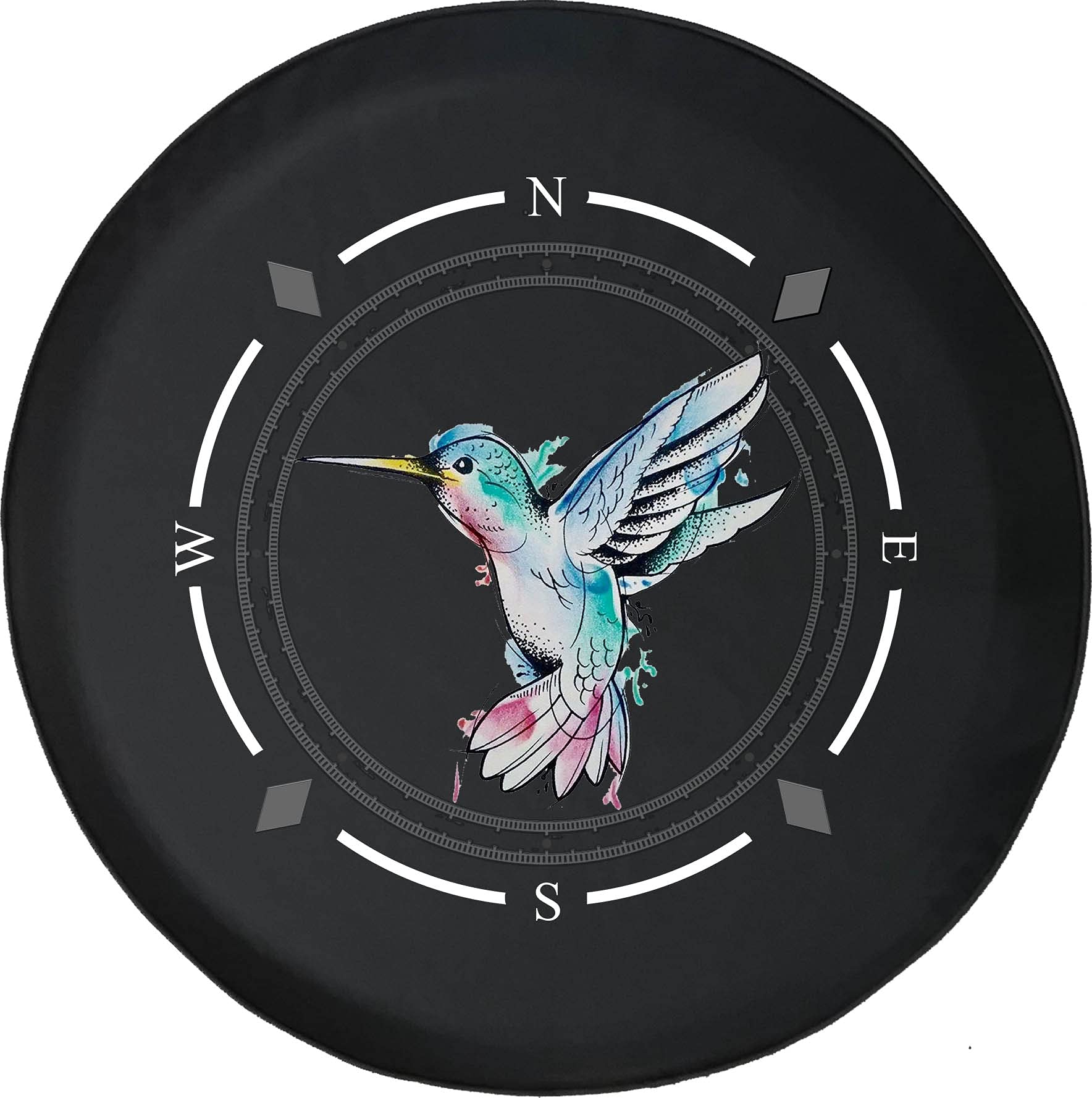 American Unlimited Spare Tire Cover with Compass & Watercolor Hummingbird Design - Universal Fit for SUV, Trailer, RV & Most Vehicles - Durable Wheel Protection for Outdoor Adventures & Road Trips