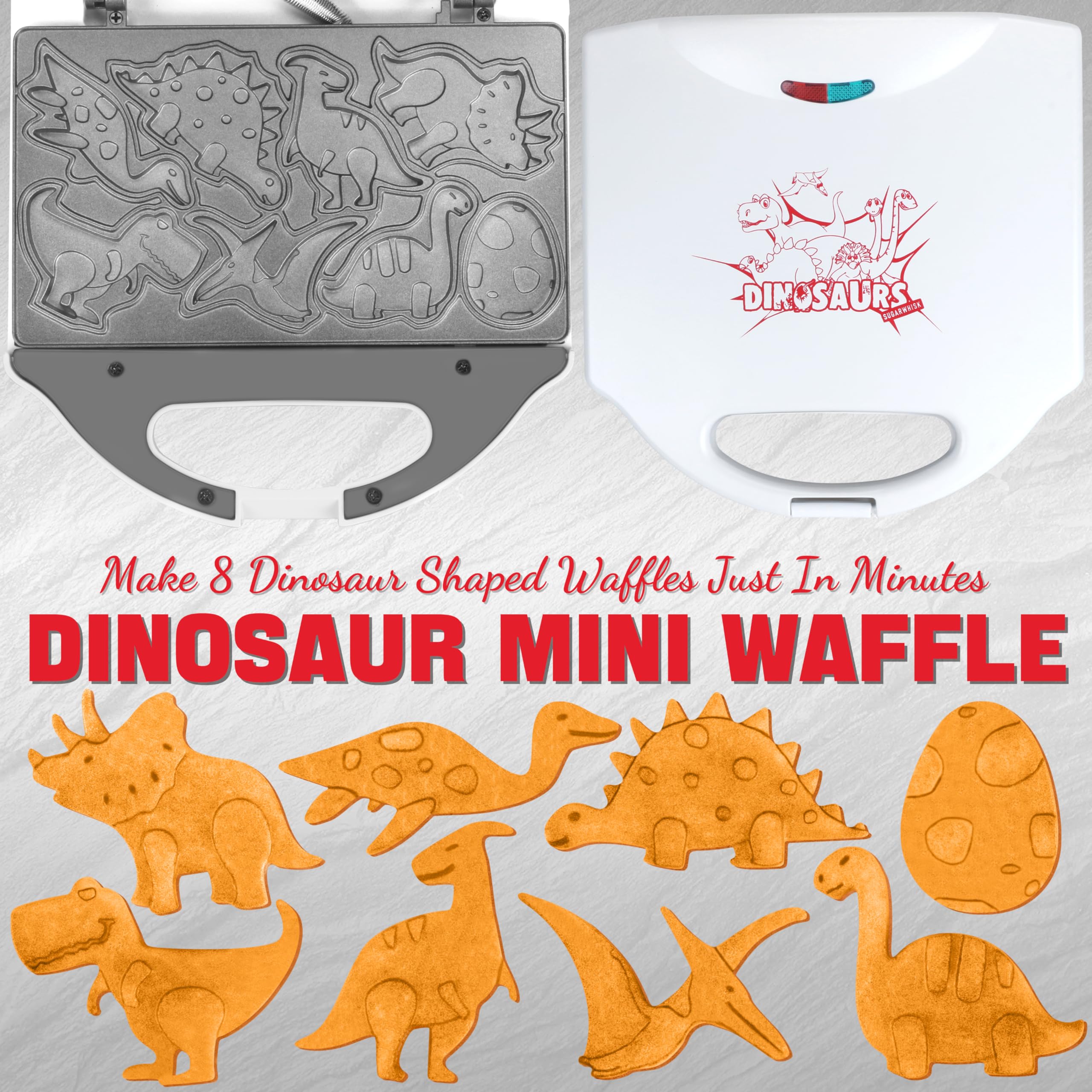Dinosaur Mini Waffle Maker for Kids - Electric Non-Stick Waffle Iron with 8 Dino Shapes | Quick & Easy Mini Pancake Maker Machine | Perfect for Halloween Breakfast, Birthday Parties & Family Fun