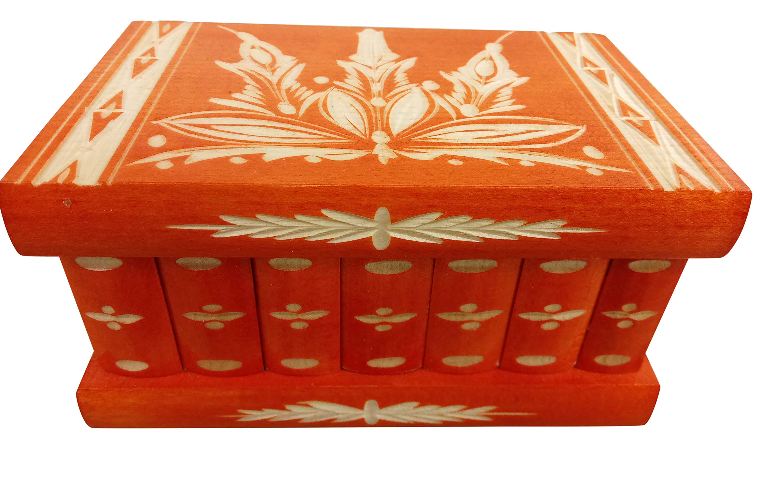 Handmade Wooden Jewelry Box with Hidden Key & Secret Compartments - Classic Carved Design for Necklaces, Rings & Valuables - Perfect for Gifts, Travel & Home Storage (Orange)