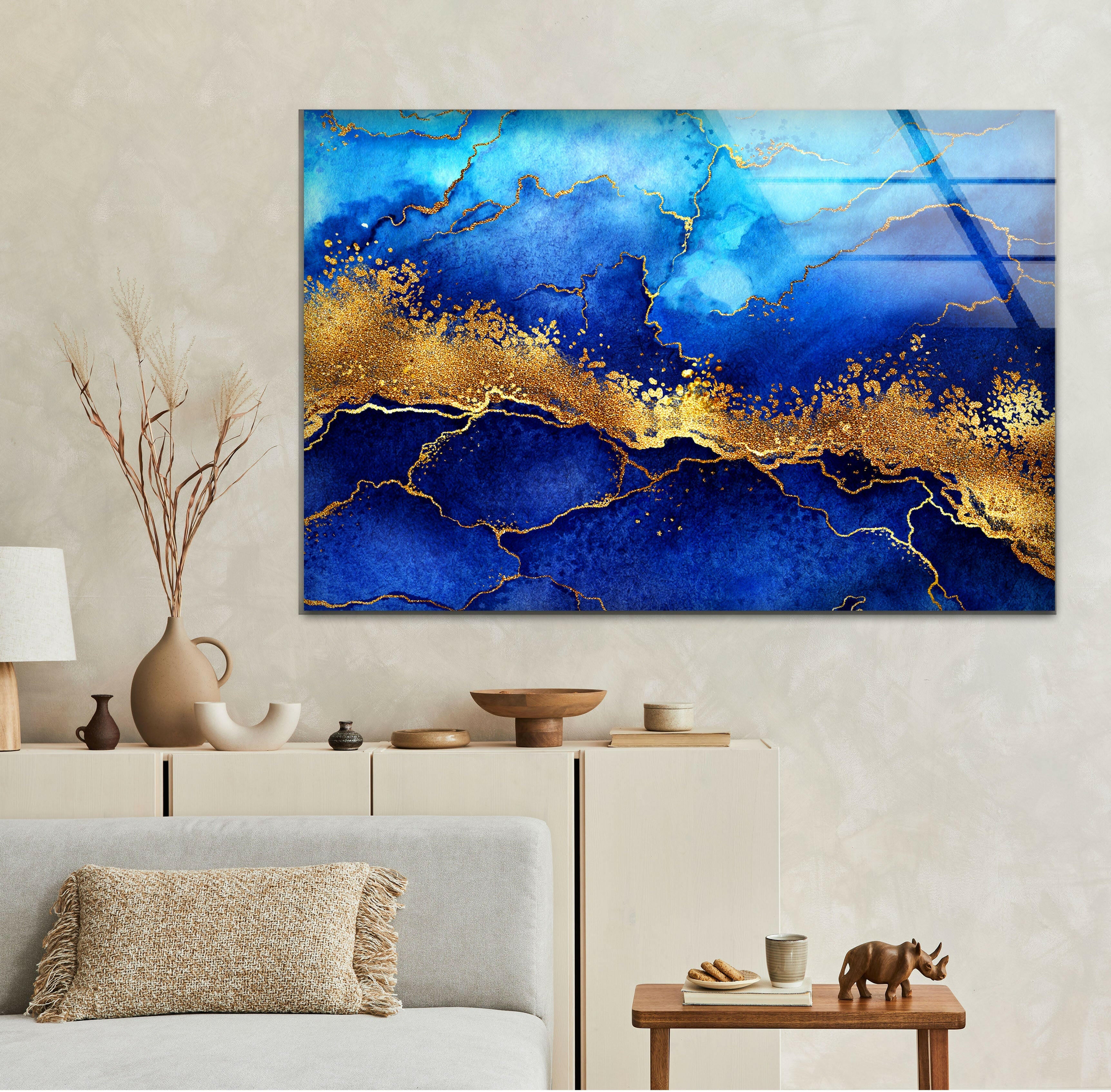 Blue and Gold Abstract Glass Wall Art - Modern Home Decor for Living Room, Bedroom & Office