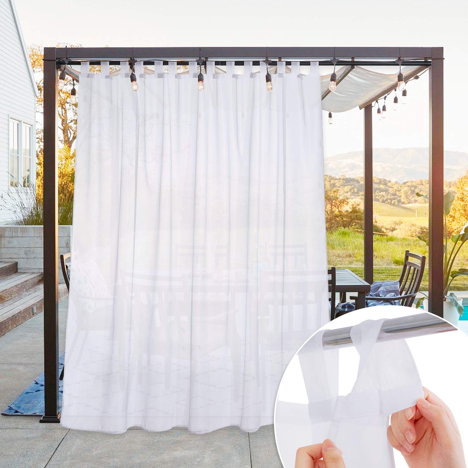 NICETOWN Waterproof Outdoor Sheer Curtains for Pergola & Gazebo - Lightweight Detachable Voile Panel with Sticky Tab Top & Rope Tie Back - 100