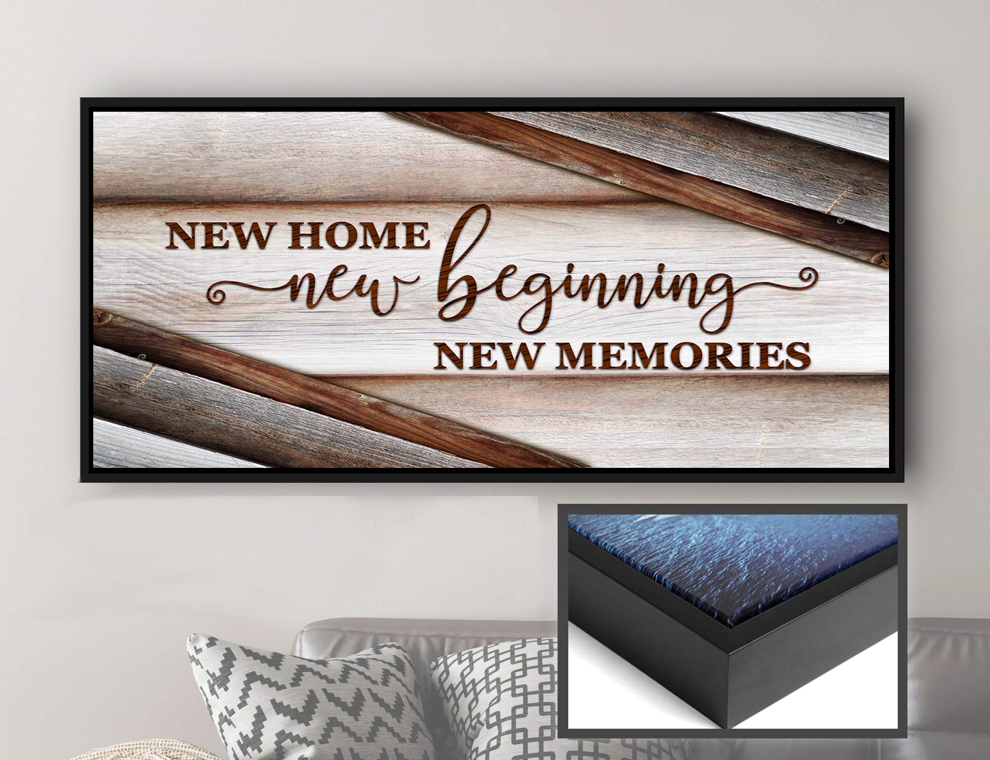Wooden Framed Canvas Wall Art - Sense of Art New Home New Beginnings V15 - Rustic Religious Home Decor for Living Room - Housewarming Gift (Brown, 60x27 Inch Black Floating Frame) - Perfect for Farmhouse, Apartment & Office Decor