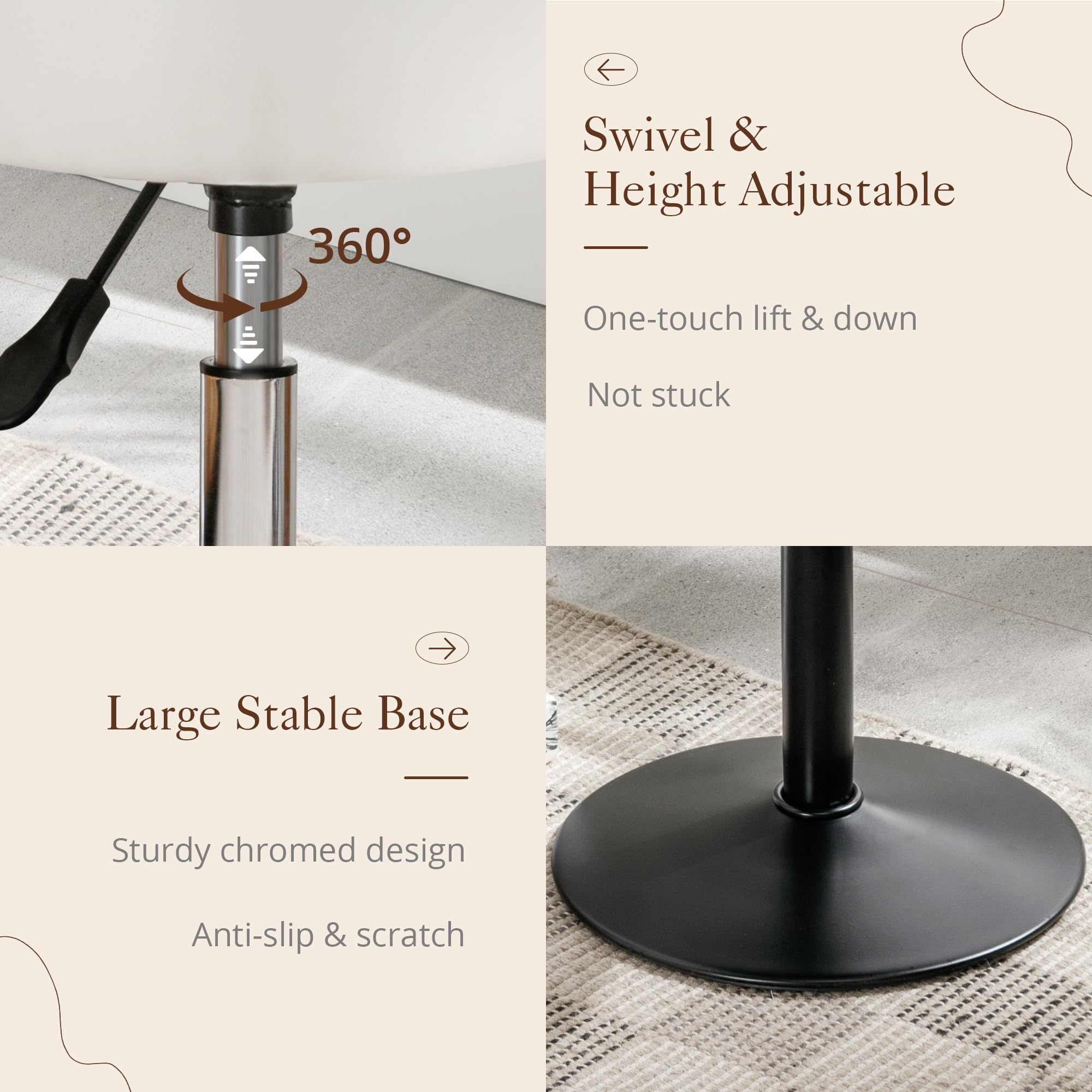 LUE BONA Adjustable Vanity Stool with 360° Swivel - White Faux Leather Makeup Chair for Bathroom, Bedroom & Living Room - Perfect for Dressing Table, Cosmetics Station and Home Decor