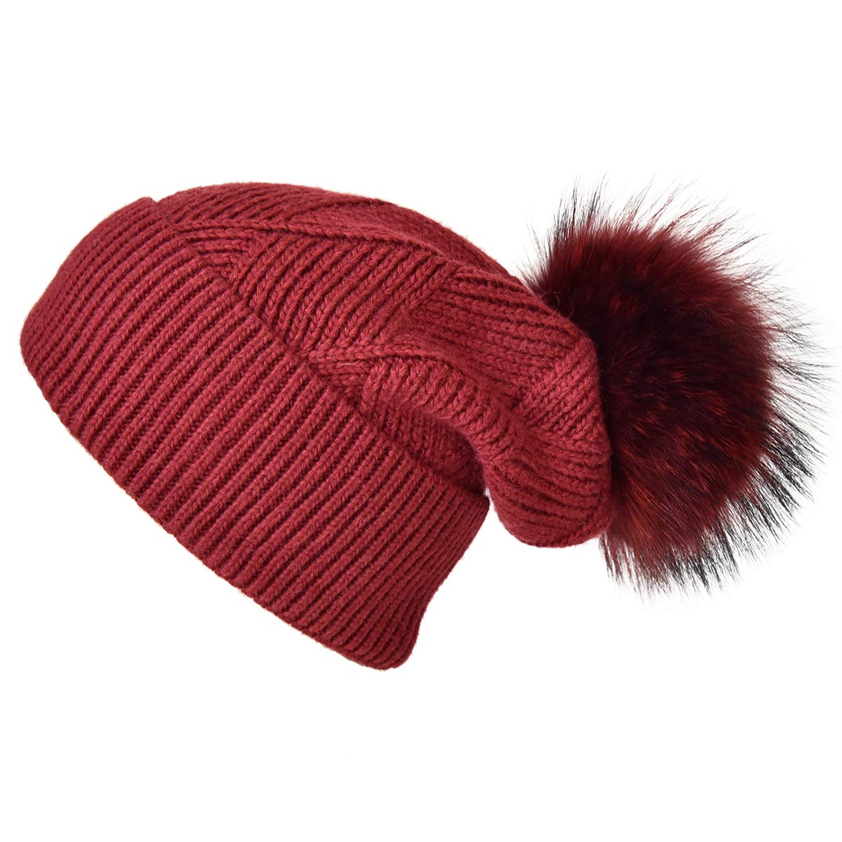 Women's Winter Knit Beanie Hat with Fur Pom Pom - Soft Wool Ski Cap for Warmth & Style - Perfect for Skiing, Snowboarding & Cold Weather Fashion