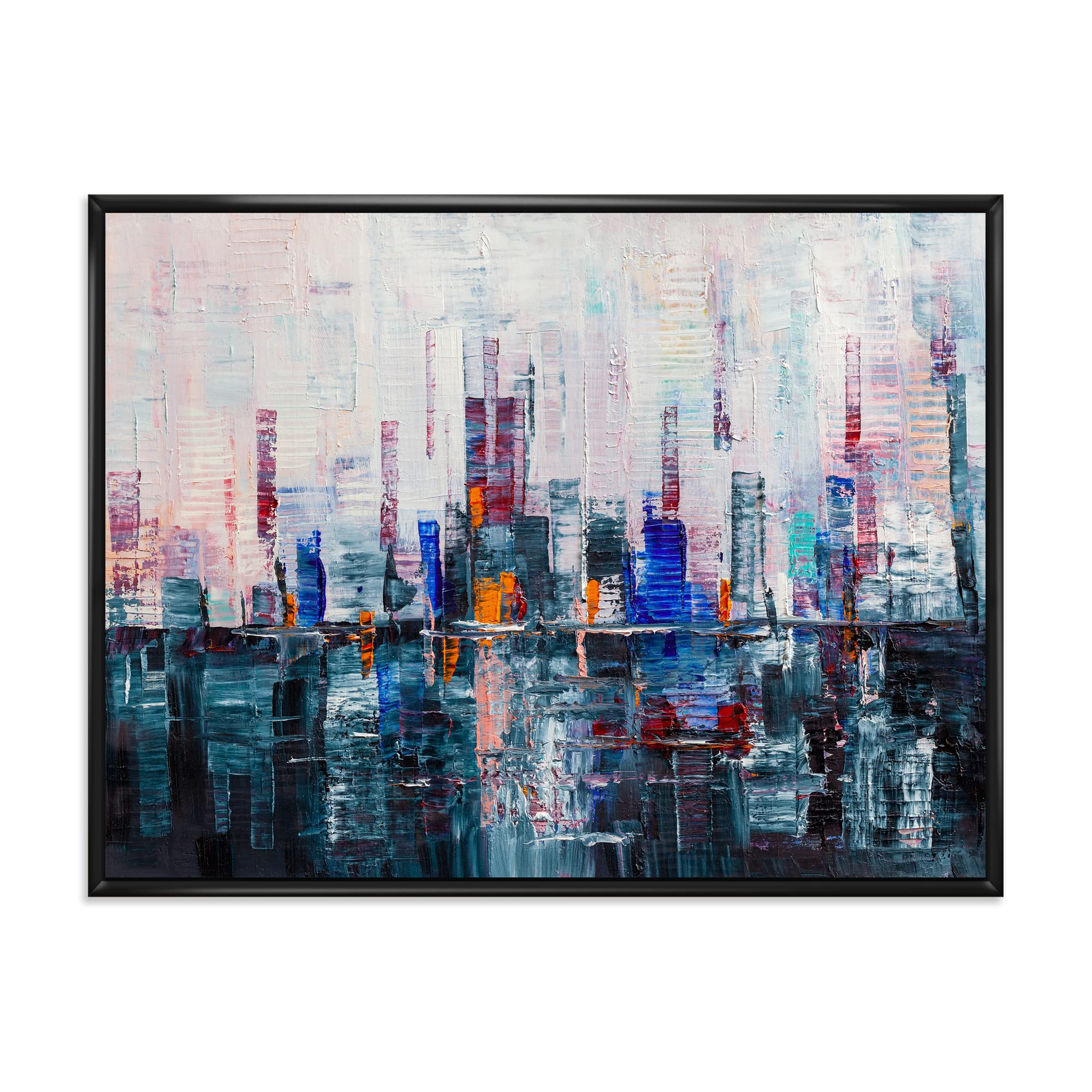 DesignQ Modern Abstract City Skyline Framed Canvas Wall Art Print - Urban Office & Home Decor for Living Room, Bedroom, or Office