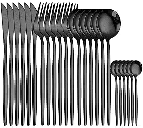 24-Piece Stainless Steel Rainbow Cutlery Set - Knives, Forks & Spoons for Kitchen & Dining | Durable Black Tableware for Restaurants, Parties & Everyday Use
