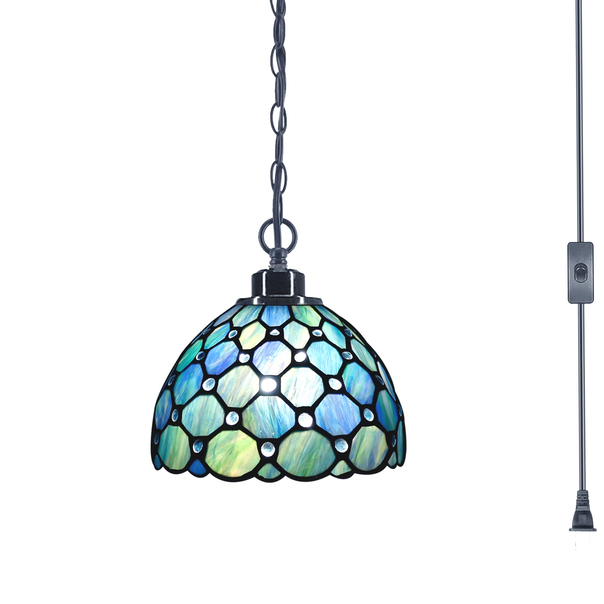 Tiffany Style Plug-in Swag Pendant Light - 8x8x18 Inch Stained Glass Hanging Lamp in Sea Blue Pearl | Perfect for Dining Room, Living Room, Bedroom & Kitchen Decor