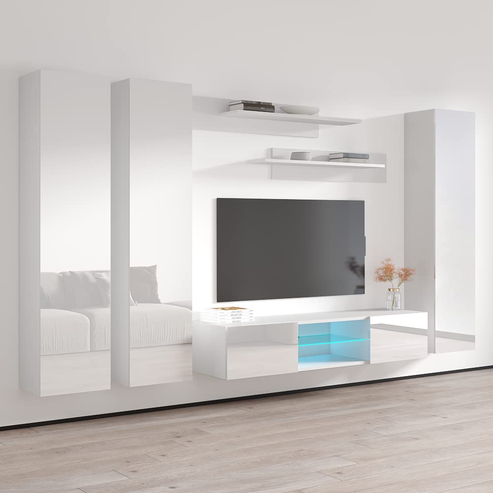 Modern Floating TV Stand with Storage & LED Lights - Wall-Mounted Entertainment Center for Bedroom & Living Room - White TV Console with Shelves - Perfect for Small Spaces & Home Theater Setup