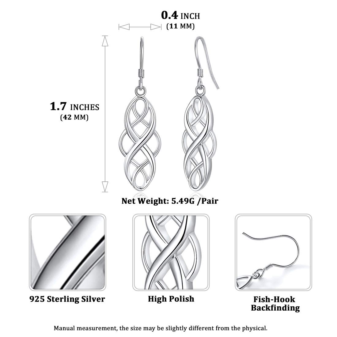 Hypoallergenic 925 Sterling Silver Celtic Knot Earrings for Women - Triquetra Trinity Knot Dangle Drop Earrings, Irish Good Luck Jewelry with Gift Box (Perfect for St. Patrick's Day, Weddings & Special Occasions)