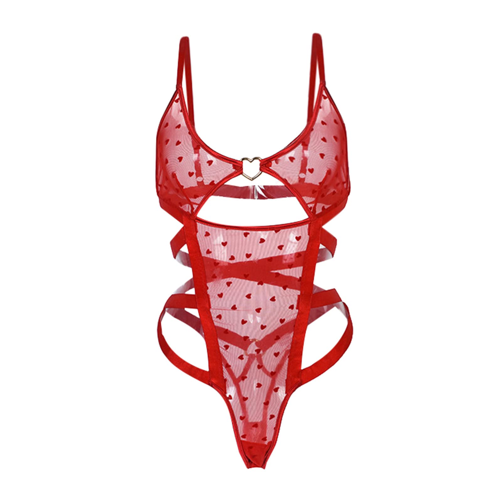bmkBWO Women's Heart Print Lingerie Bodysuit - Valentine's Day Teddy with Strappy Cutout Design | Sheer One-Piece Nightwear for Romantic Occasions & Special Nights